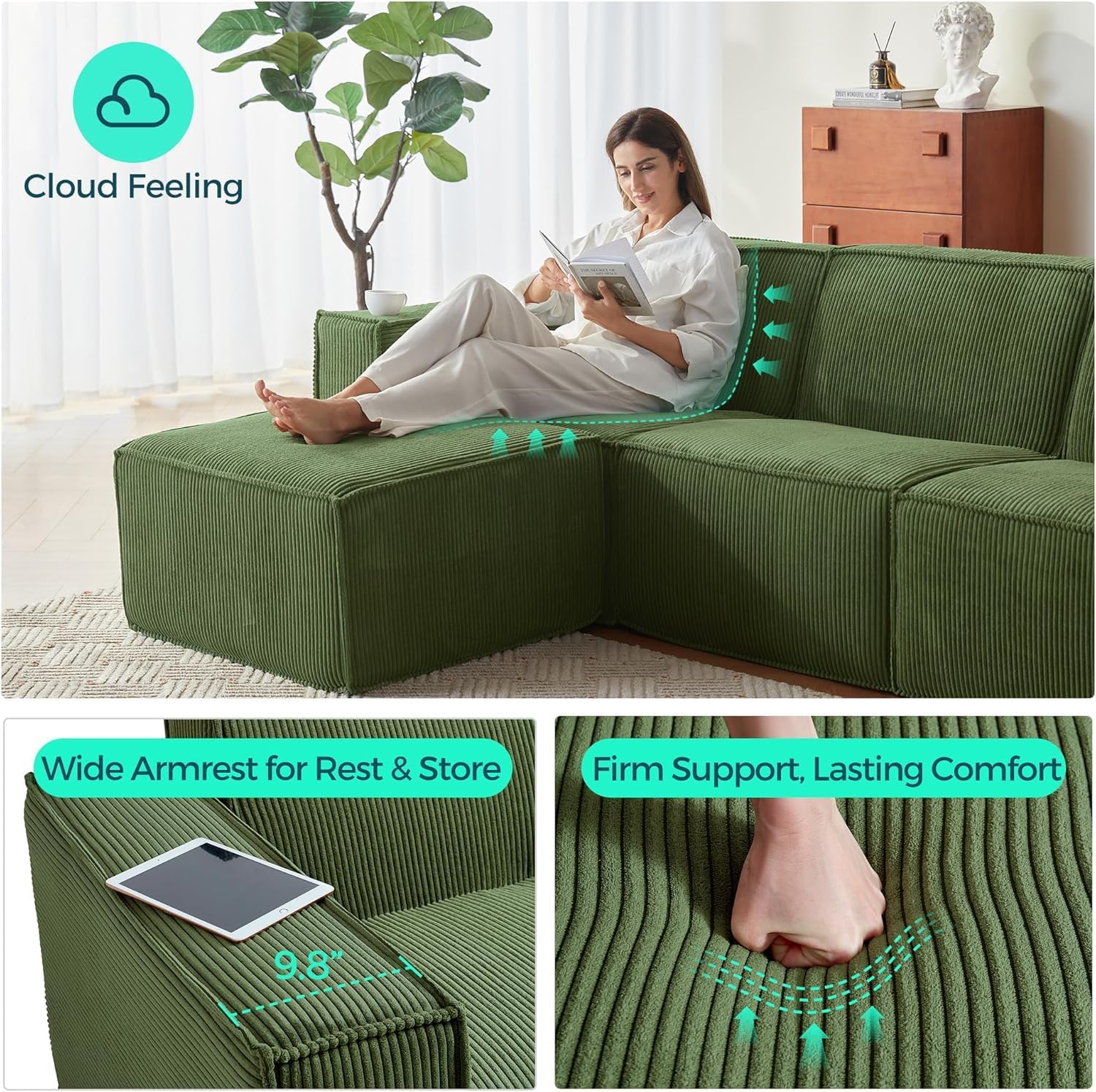 LINSY HOME Modular Sectional Sofa, 105' Boneless Couch U Shaped 3-Seat Sofa with 2 Ottomans, Corduroy Sectional Cloud Couches for Living Room, No Assembly Required(Green)