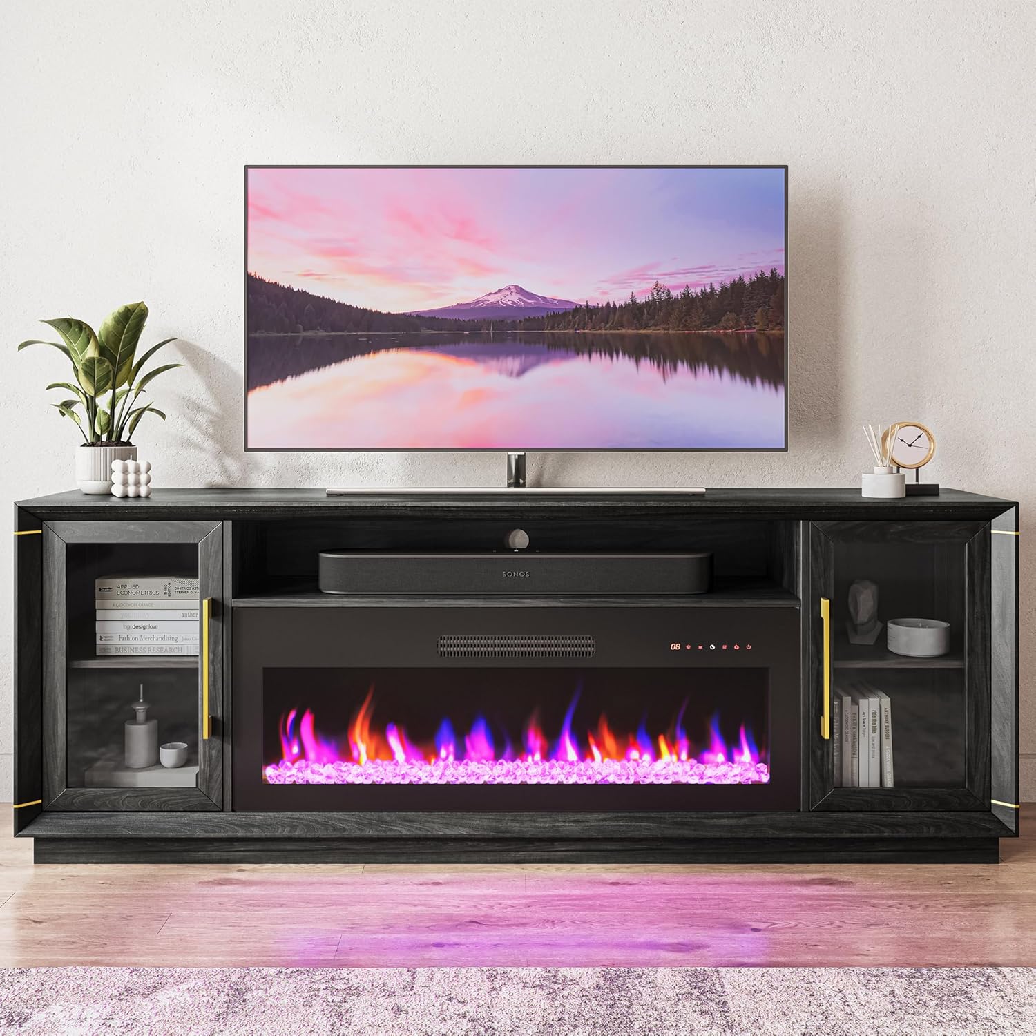 BELLEZE 74' Extra Large TV Stand for TVs Up to 85', Media Console Table with 42' Electric Fireplace Heater, Entertainment Center with Storage Cabinets for Living Room - Black Ebony