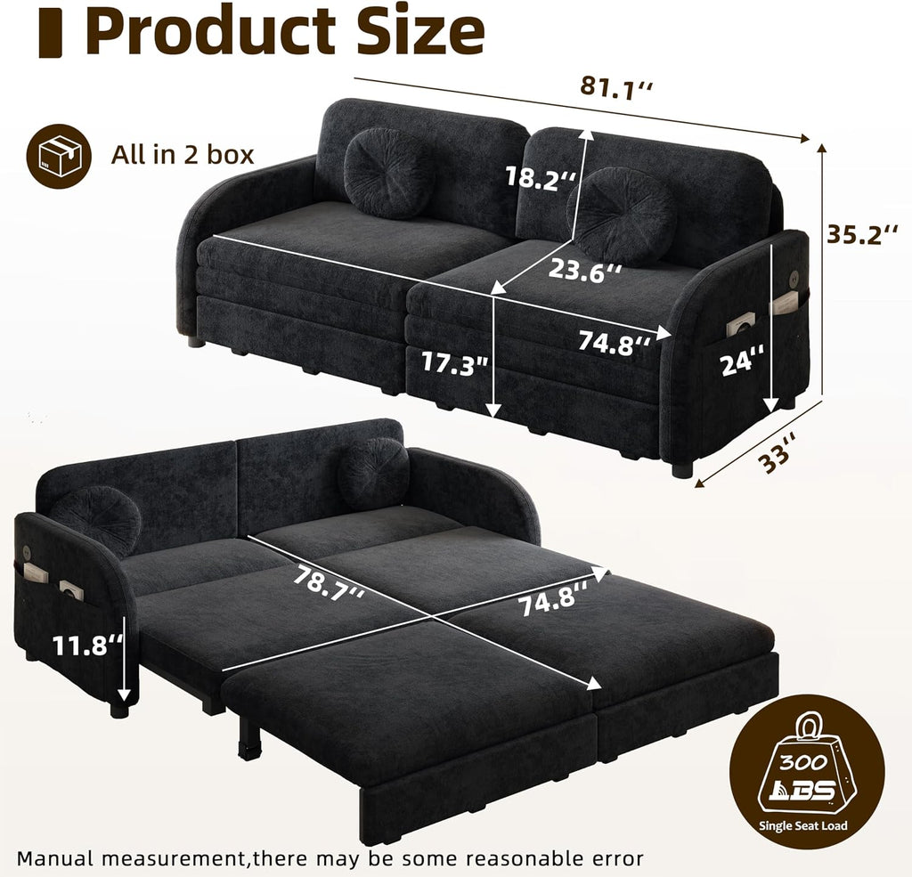 81.1'' Pull Out Couch Bed King Size, Chenille Sleeper Sofa Daybed, 3 in 1 Convertible Couches, Futon Sofa with 2 Pillows, Storage Pockets, USB, 3-Seater for Small Spaces, Living Room, Black