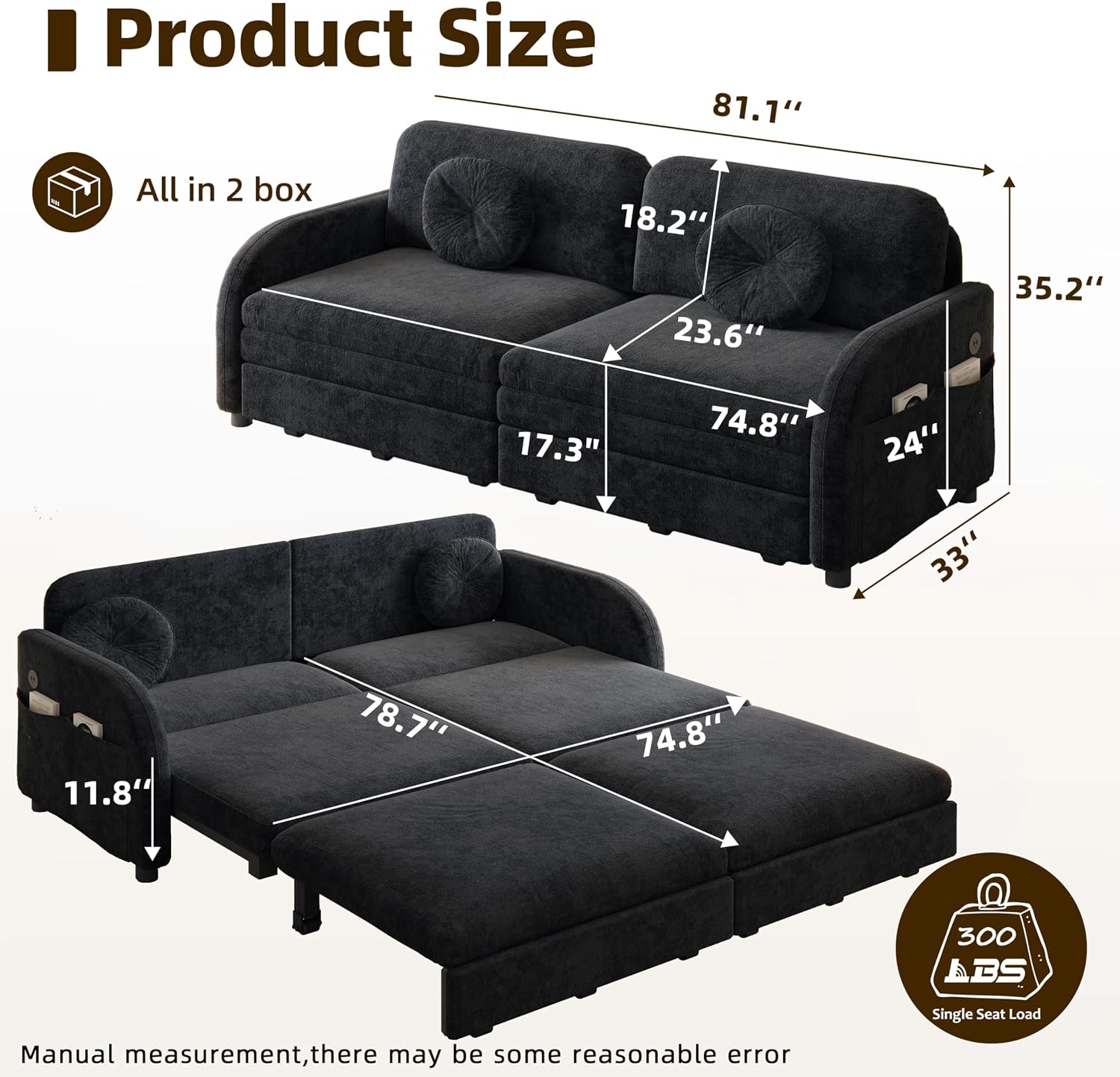 81.1'' Pull Out Couch Bed King Size, Chenille Sleeper Sofa Daybed, 3 in 1 Convertible Couches, Futon Sofa with 2 Pillows, Storage Pockets, USB, 3-Seater for Small Spaces, Living Room, Black