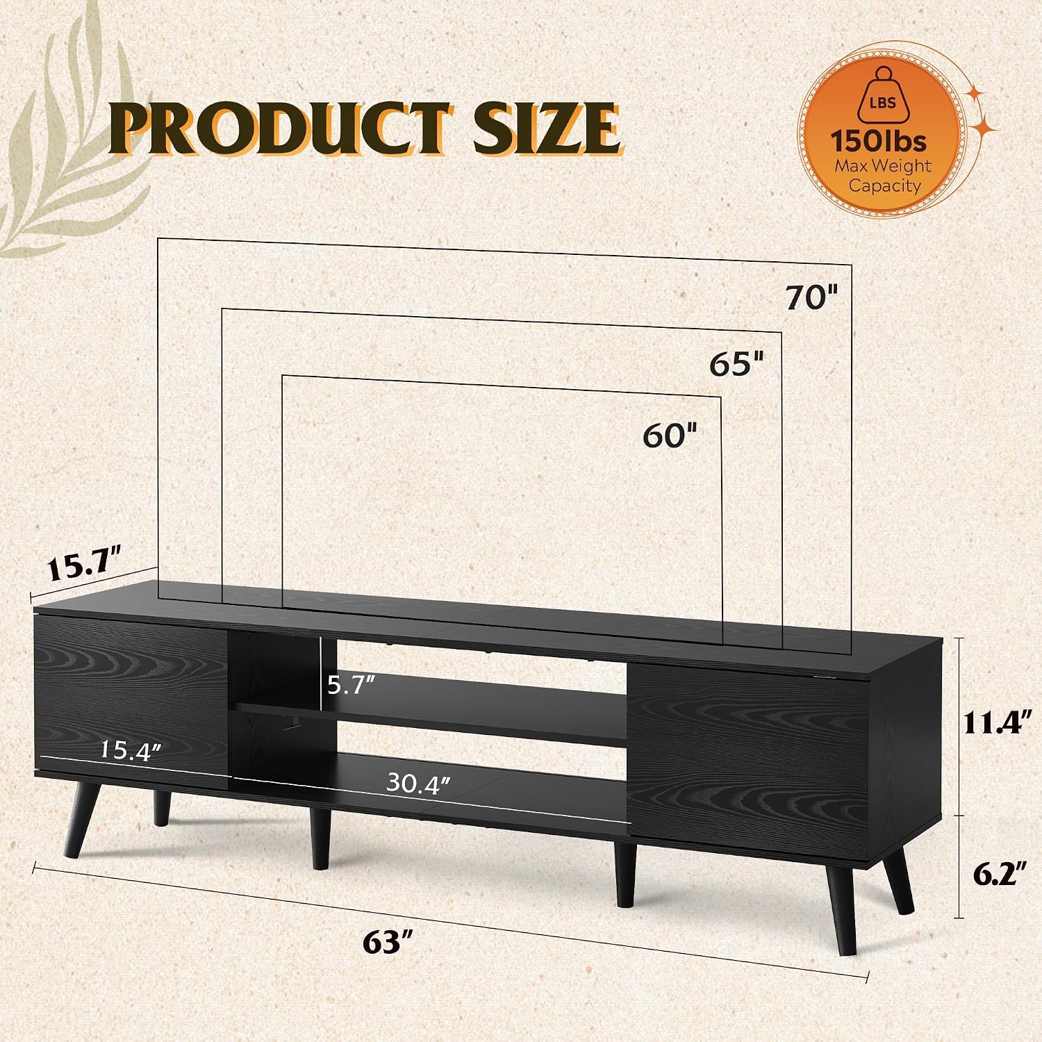 WLIVE Mid-Century Modern TV Stand for 65 70 Inch TV, Entertainment Center with Storage, Adjustable Shelves & Soft-Close, Media TV Console for Living Room/Bedroom, Black