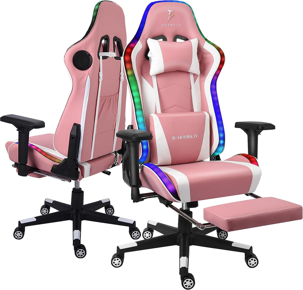 Gaming Chair with LED Lights and Speakers, 4D Armrest Gaming Chair, Ergonomic Full Massage PU Leather Lumbar Support Gaming Chair,Adults Teens Computer Chair.,Pink