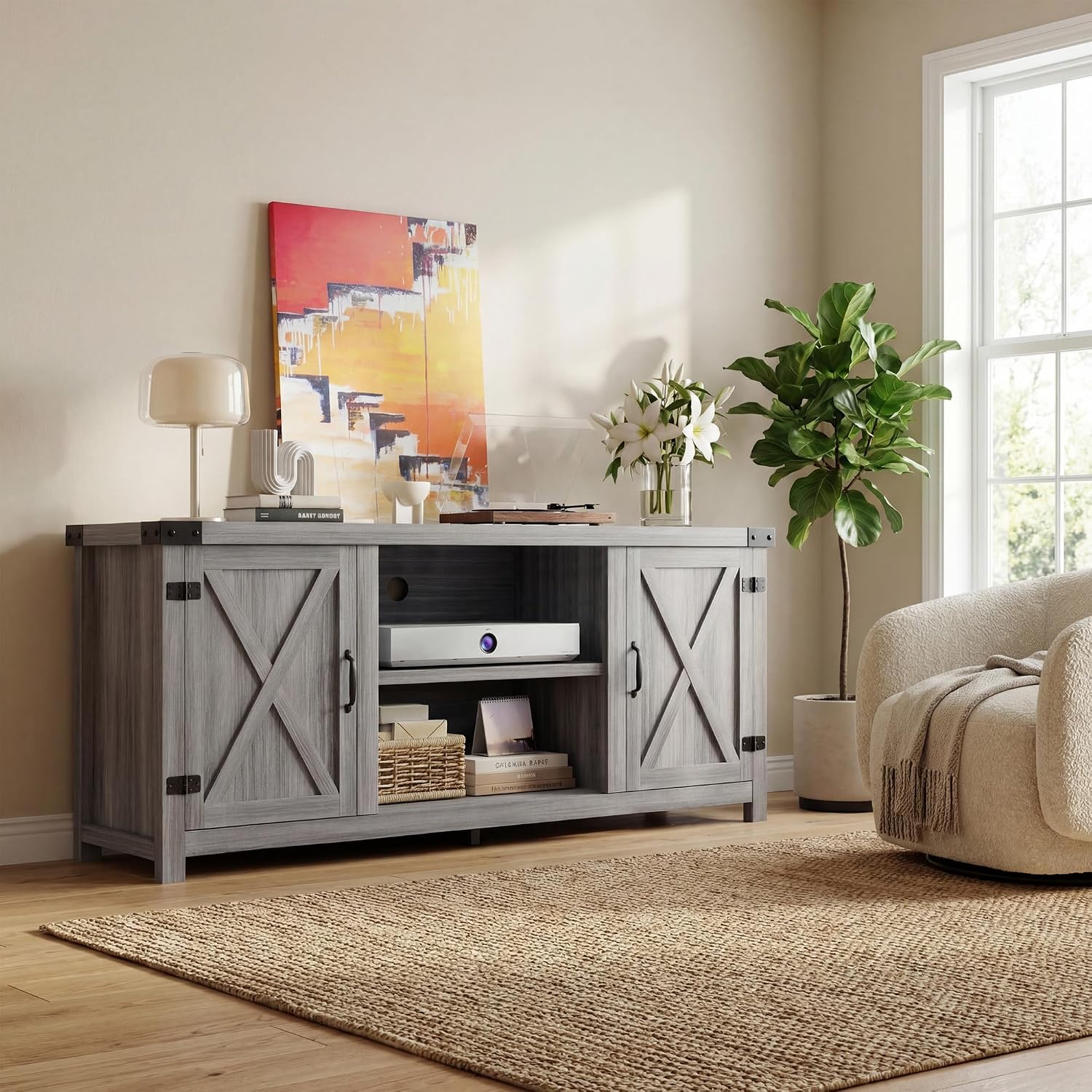 YESHOMY Modern Farmhouse TV Stand with Two Barn Doors and Storage Cabinets for Televisions up to 65+ Inch,Entertainment Center Console Table,Media Furniture for Living Room,Gray & Rustic