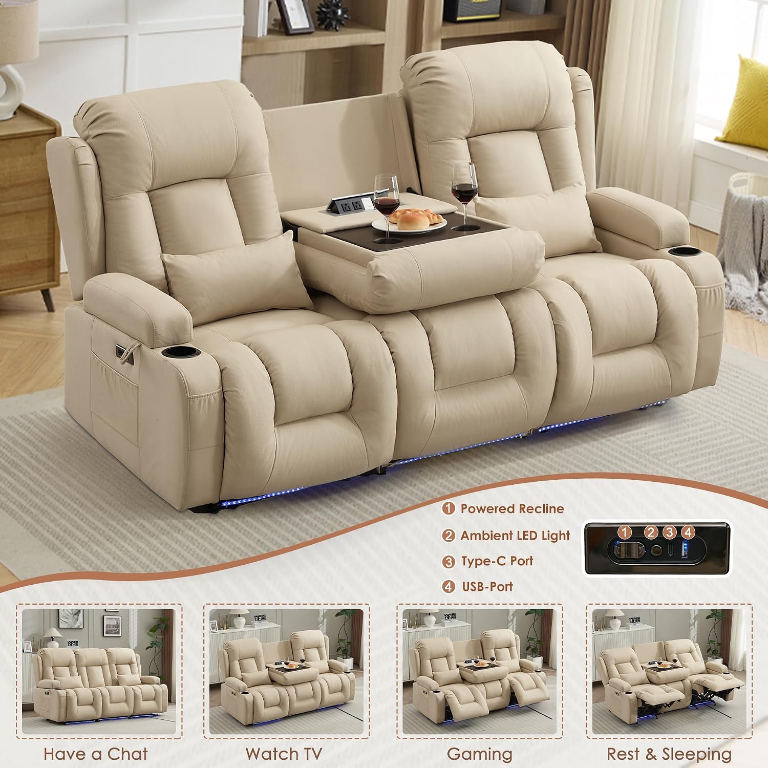 TUNYI Power Loveseat Recliner Sofa with Massage & Heat Home Theater Seating with Console RV Recliner Loveseat Sofa with USB/Storage/Side Pocket/LED Light/Speaker (Beige, 3 Seat)