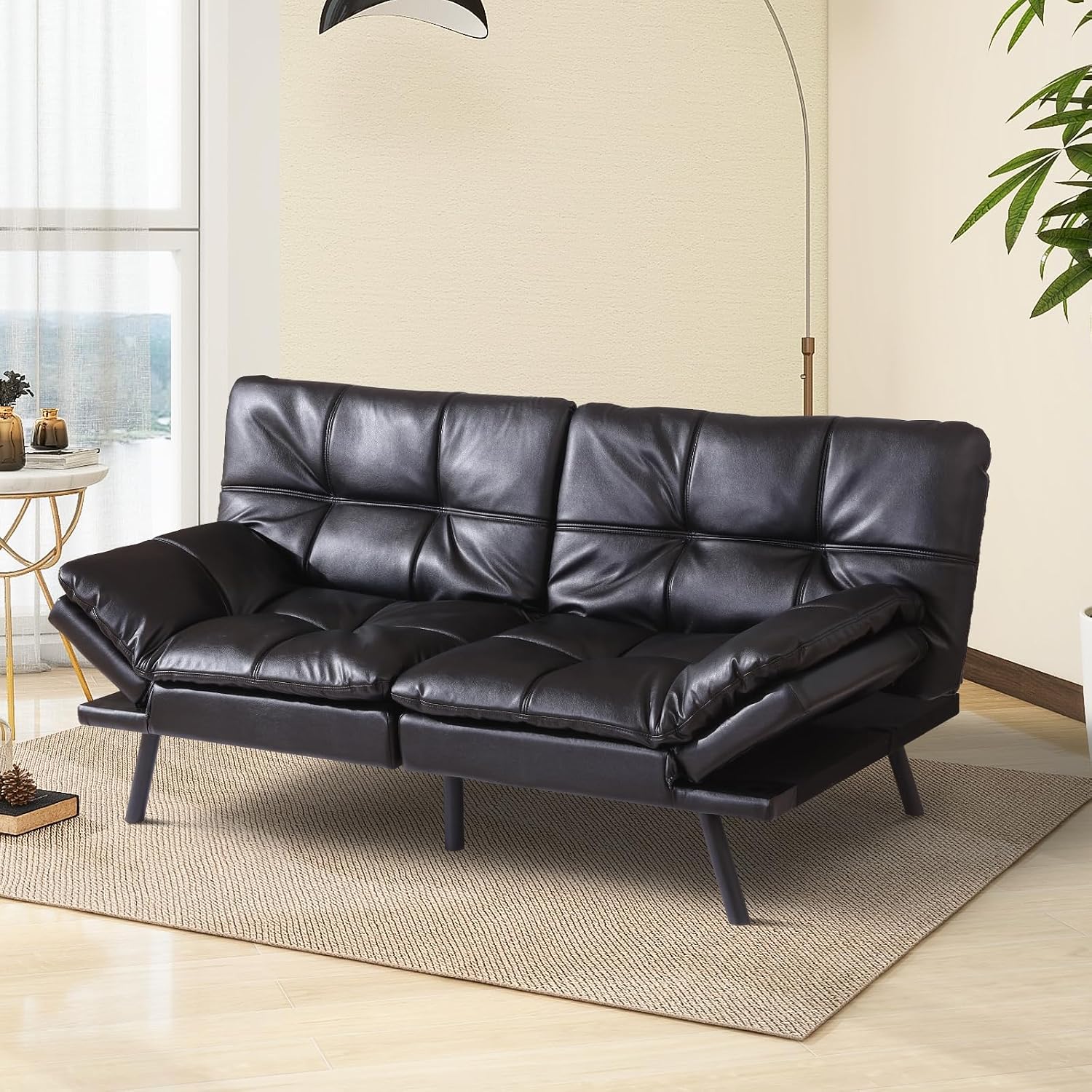 MUUEGM Futon Sofa Bed Convertible Couch,Memory Foam Futon Sofa Couch,Sleeper Futons Sofa Couches,Small Splitback Modern Loveseat Sofa Bed for Living Room,Office,Apartment,Faux Leather,Black.