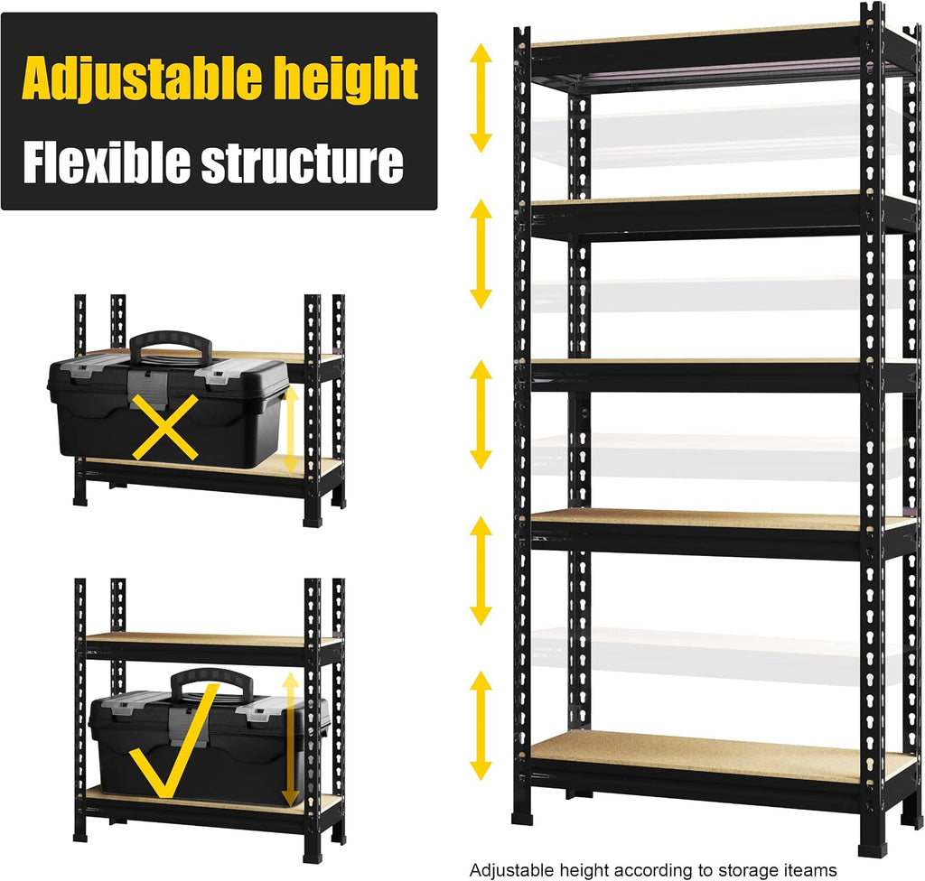 PrimeZone Storage Shelves 6 Pack 5 Tier Adjustable Garage Storage Shelving, Heavy Duty Metal Storage Utility Rack Organizer Shelf Unit for Warehouse Pantry Closet Kitchen Basement, Black