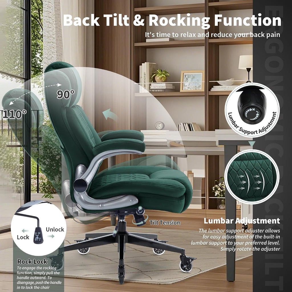 Office Chair with Locking Wheels, Ergonomic High Back Fabric Desk Chair with Adjustable Lumbar Support, Flip-Up Arms, Thick Padded Seat, 400lbs Heavy Duty for Home Office Adults