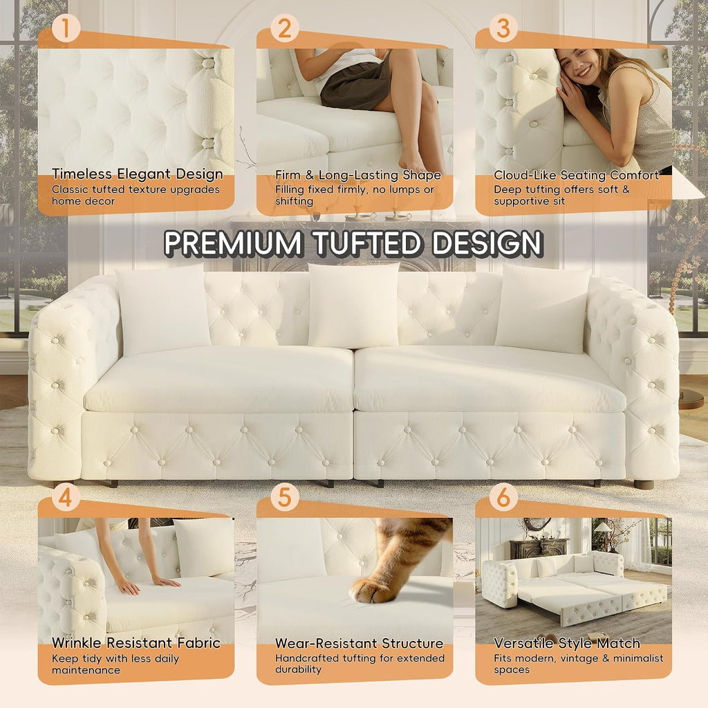 89' Pull Out Sofa Bed King Size, Velvet Chesterfield Sleeper Sofa Couch, 3 in 1 Convertible Recliner, Modern Tufted Deep Seat Couches for Living Room, Small Space, Apartment, Cream Beige