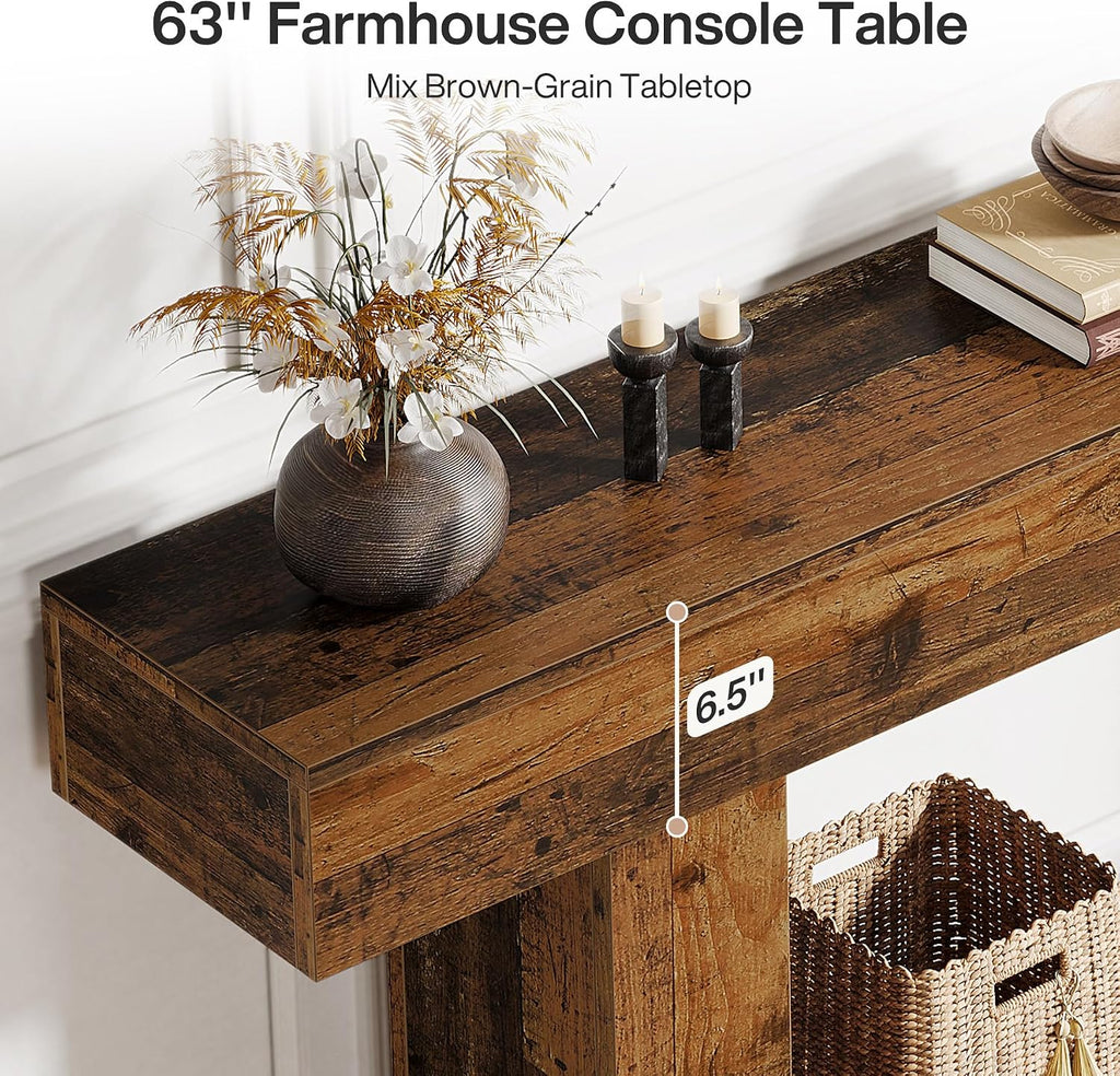 Tribesigns 63' Console Table, Farmhouse 2-Tier Entryway Table with U-Shaped Base, Narrow Long Wood Sofa Table Behind Couch Table for Living Room, Hallway, Foyer, Mix Brown