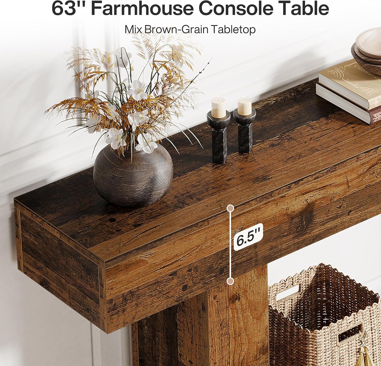 Tribesigns 63' Console Table, Farmhouse 2-Tier Entryway Table with U-Shaped Base, Narrow Long Wood Sofa Table Behind Couch Table for Living Room, Hallway, Foyer, Mix Brown