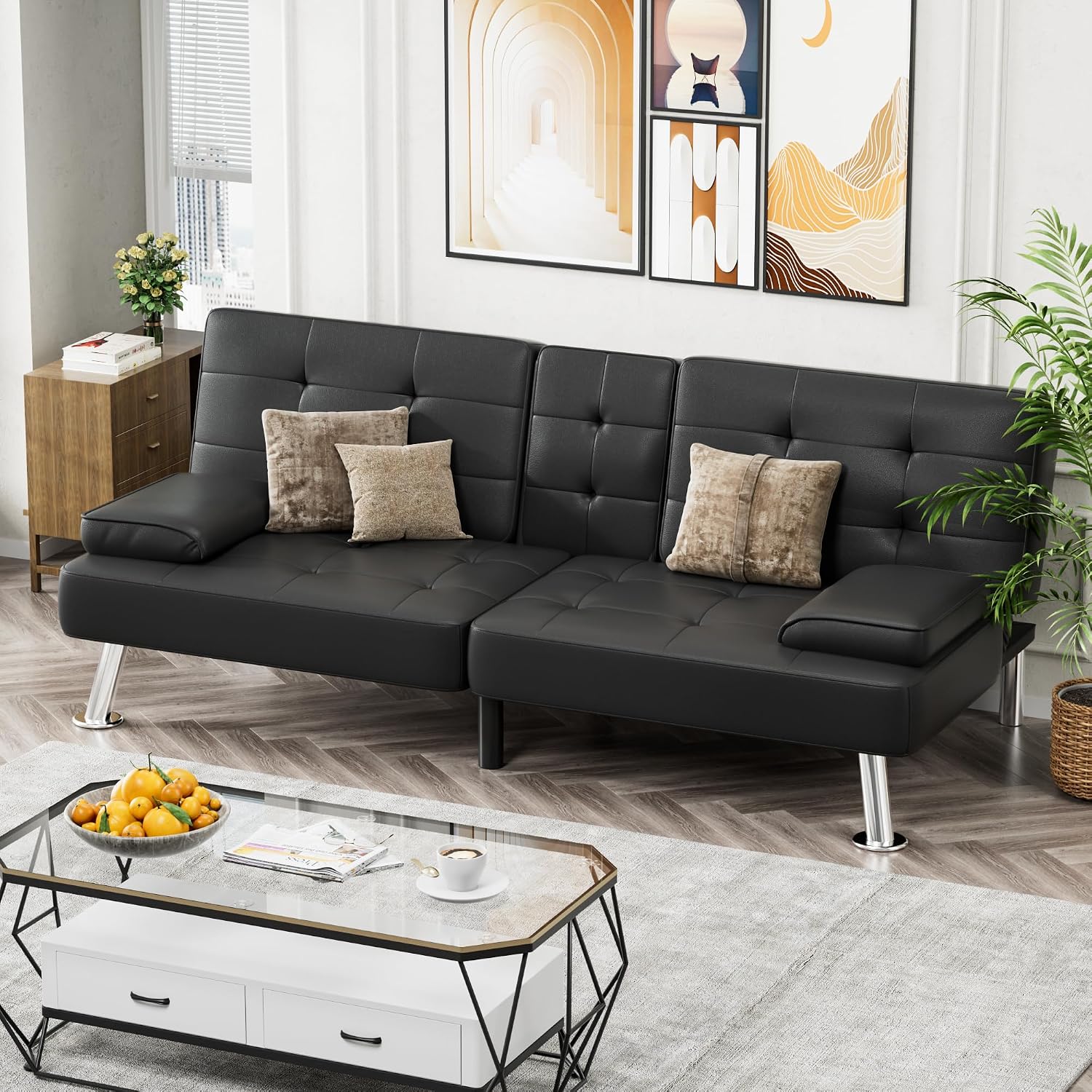 JUMMICO Faux Leather Futon Sofa Bed Futon Couch with Removable Armrests Adjustable Sleeper Sofa Bed with 2 Cup Holders for Living Room (PU Leather, Black)