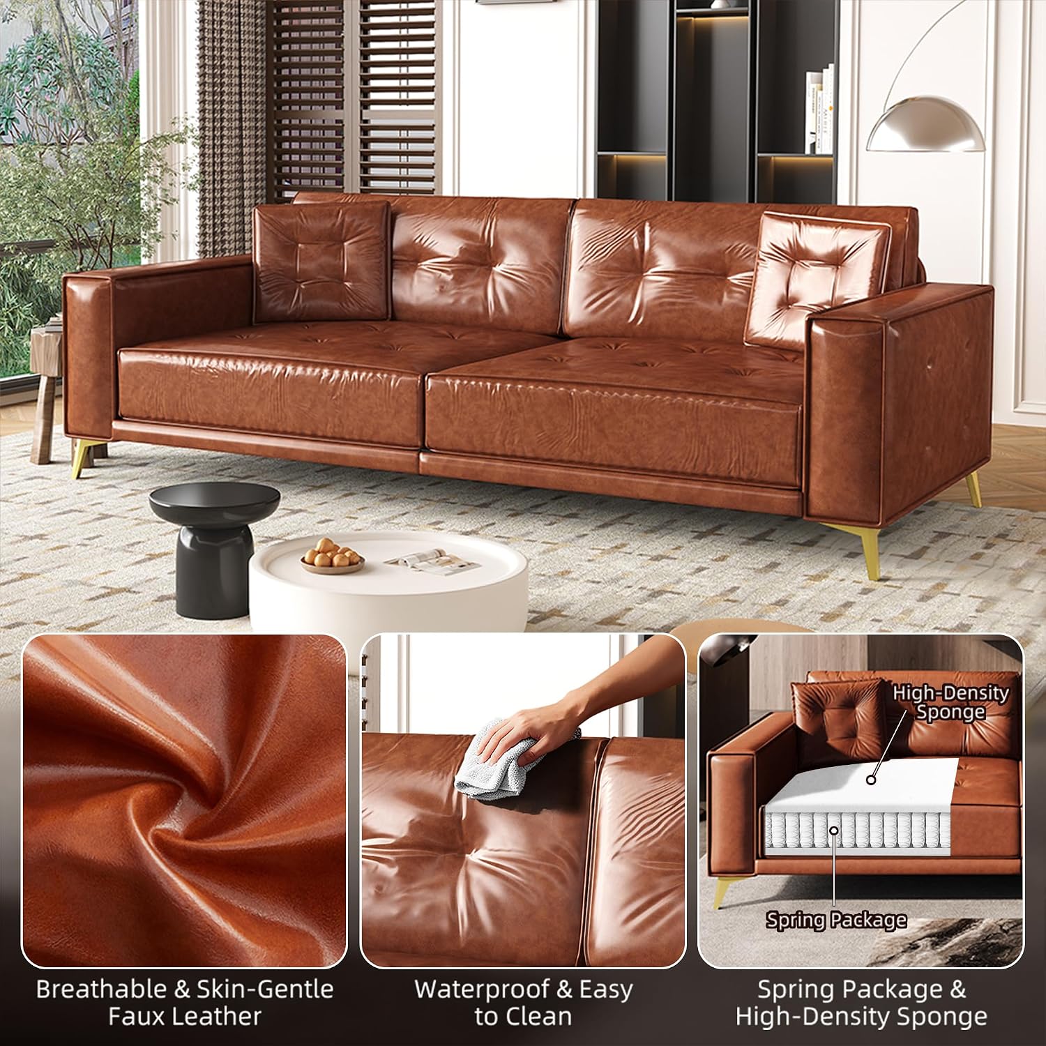 92.1'' King Pull Out Sofa Bed, Convertible Futon Couch, 3-in-1 Faux Leather Sleeper Sofa with Tufted Back, 2 Pillows, Gold Legs, Deep Folding Loveseat for Living Room, Apartment, Light Brown