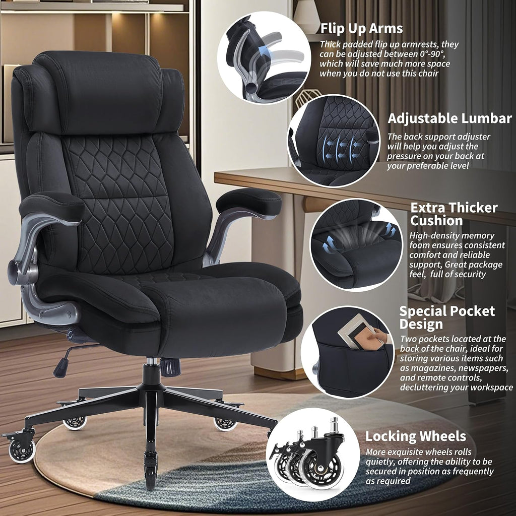 Office Chair with Locking Wheels, Ergonomic High Back Fabric Desk Chair with Adjustable Lumbar Support, Flip-Up Arms, Thick Padded Seat, 400lbs Heavy Duty for Home Office Adults
