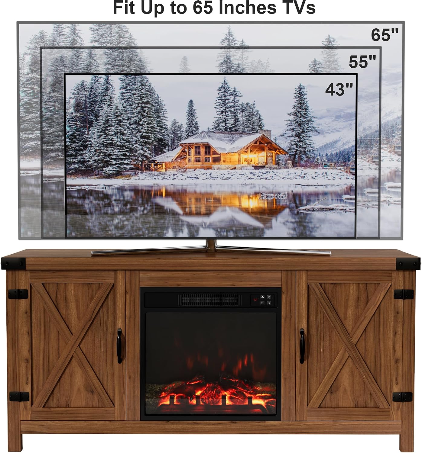 Furmax Fireplace TV Stand for Up to 65 Inches TVs, Farmhouse Entertainment Center with Grooved Barn Doors, Rustic Media Console Table with Storage Cabinets for Living Room (Barnwood)