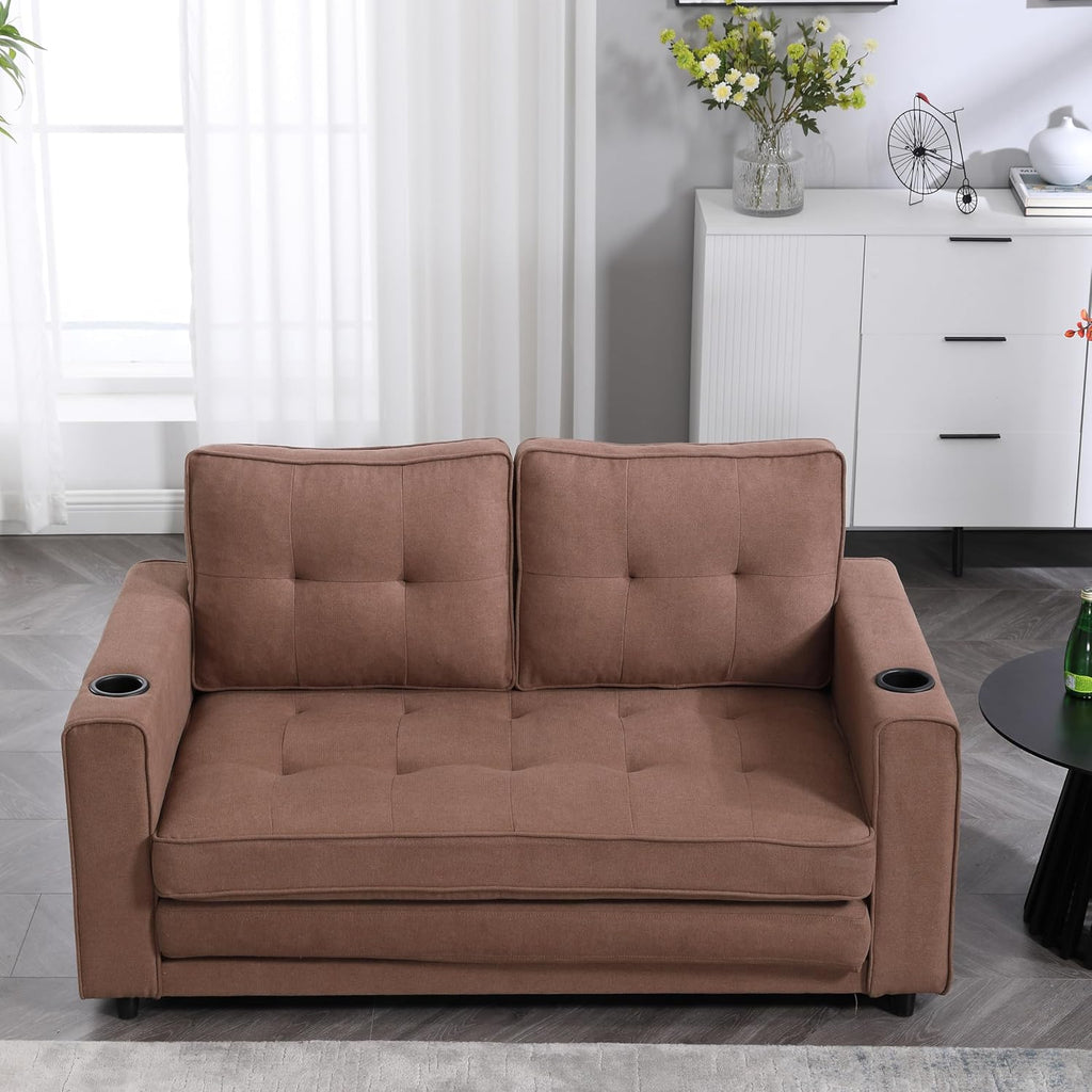 Merax Folding Sofa Bed with 2 Storage Pockets, Linen Convertible Couch Bed with Cup Holders, Loveseat Sleeper Sofa, Folding Couch Bed for Small Spaces for Living Room, Apartment, Brown
