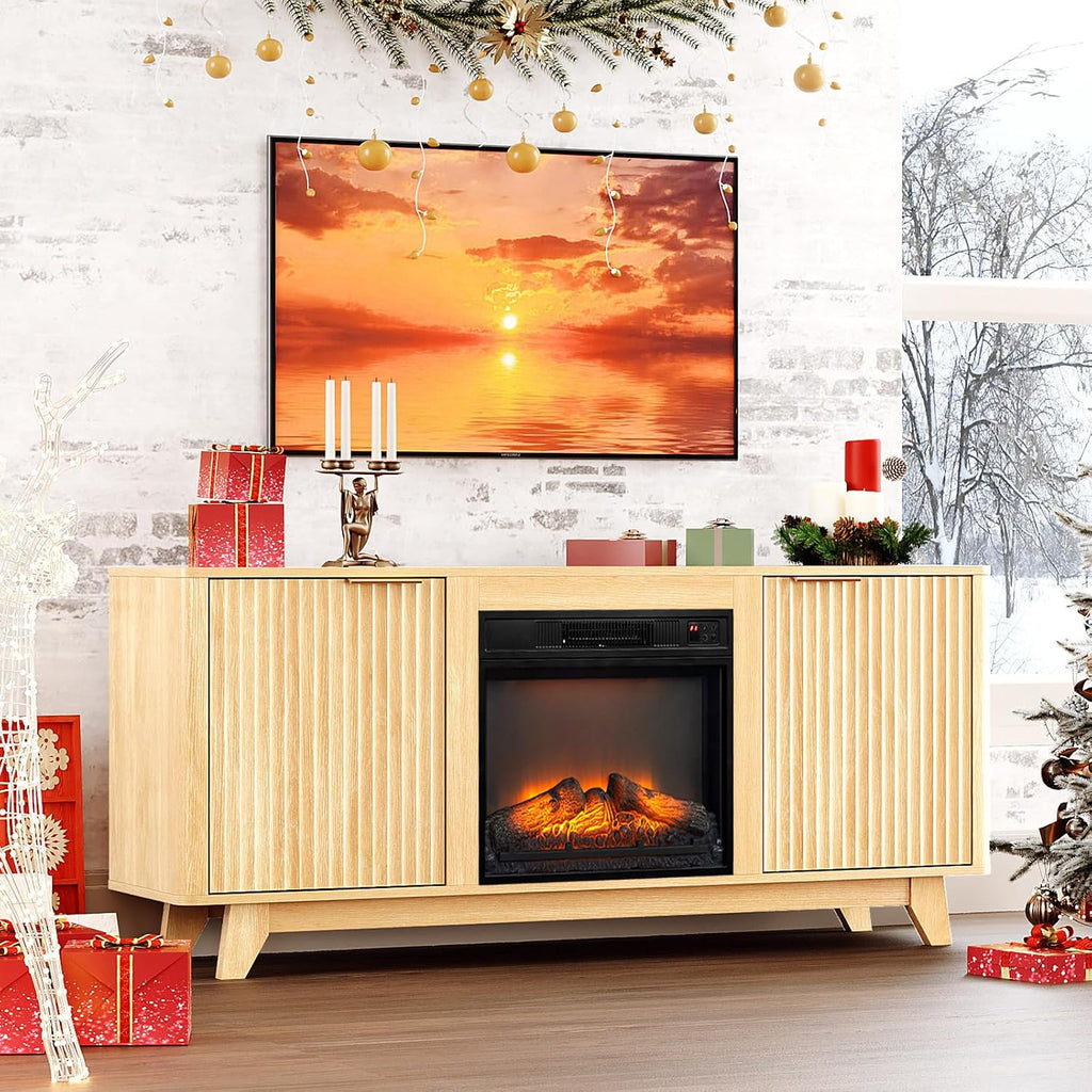 VINGLI Fireplace TV Stand for up to 70 inch TVs, Fluted Entertainment Center with Electric Fireplace Heater & Adjustable Shelves, Fireplace Media Console Table for Living Room, Oak