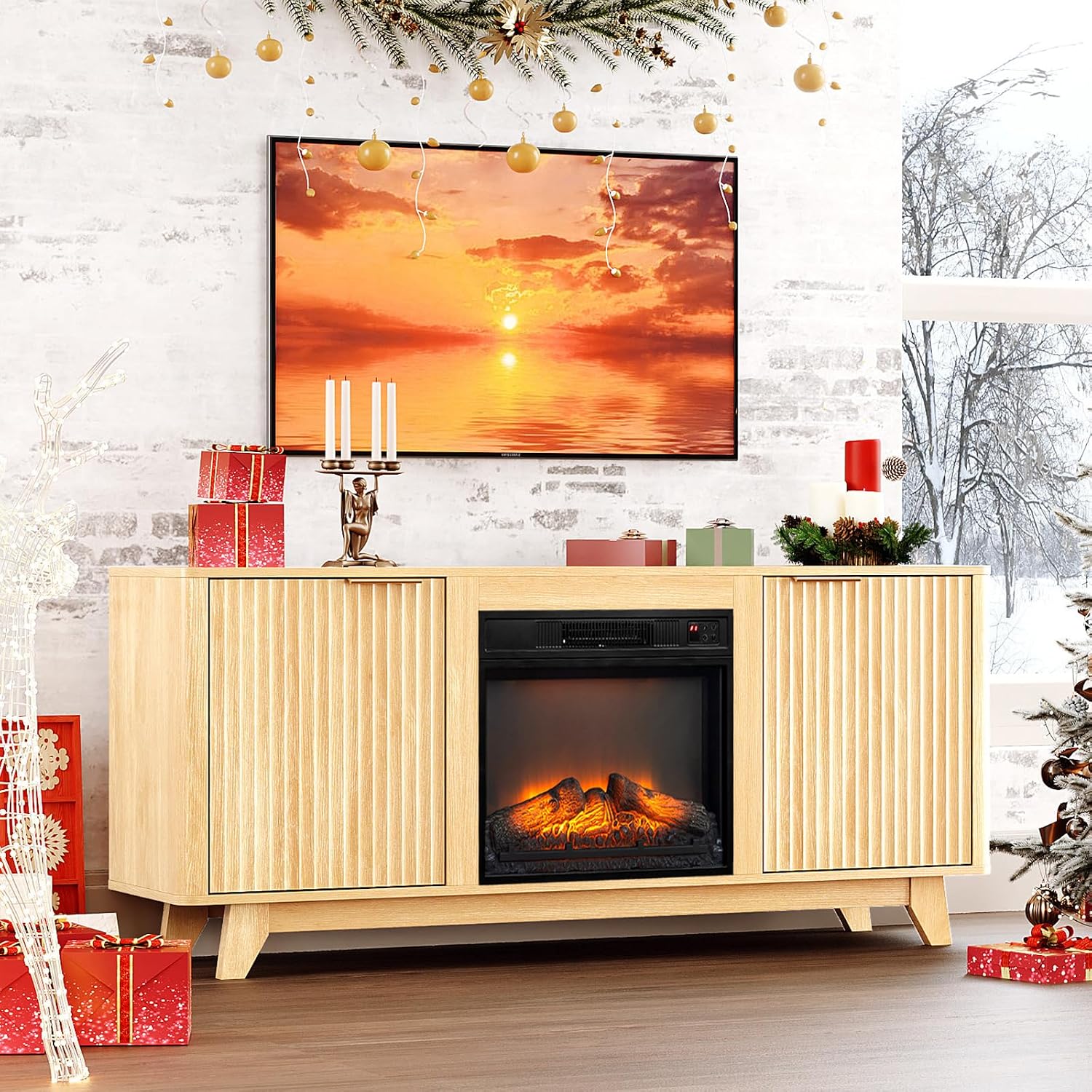 VINGLI Fireplace TV Stand for up to 70 inch TVs, Fluted Entertainment Center with Electric Fireplace Heater & Adjustable Shelves, Fireplace Media Console Table for Living Room, Oak