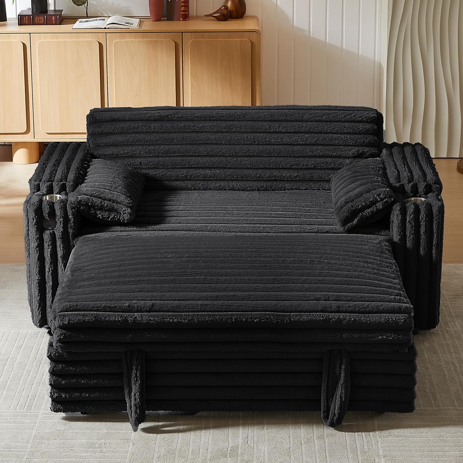 hansones 68' Corduroy Convertible Sofa Bed with USB, Storage Armrests & Pillows – 3-in-1 Foldable Sleeper Chair Floor Couch for Living Room, Bedroom, Guest Room (ZY-1109-Black)