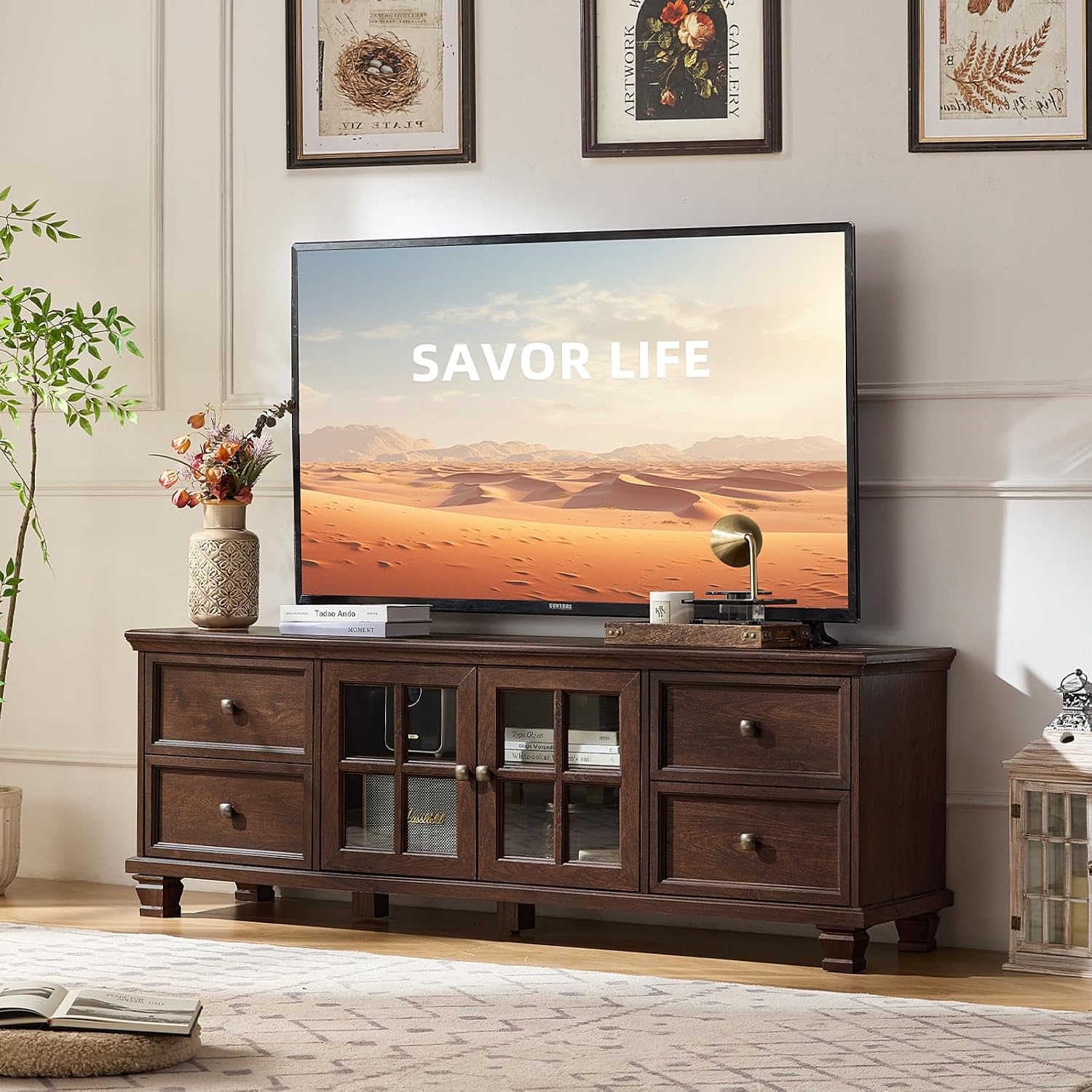 SAVOR LIFE Farmhouse TV Stands for Living Room, Brown Entertainment Center with Storage, Wood TV Console with 4 Drawers, Rustic TV Cabinet for 65 inch TV, Walnut