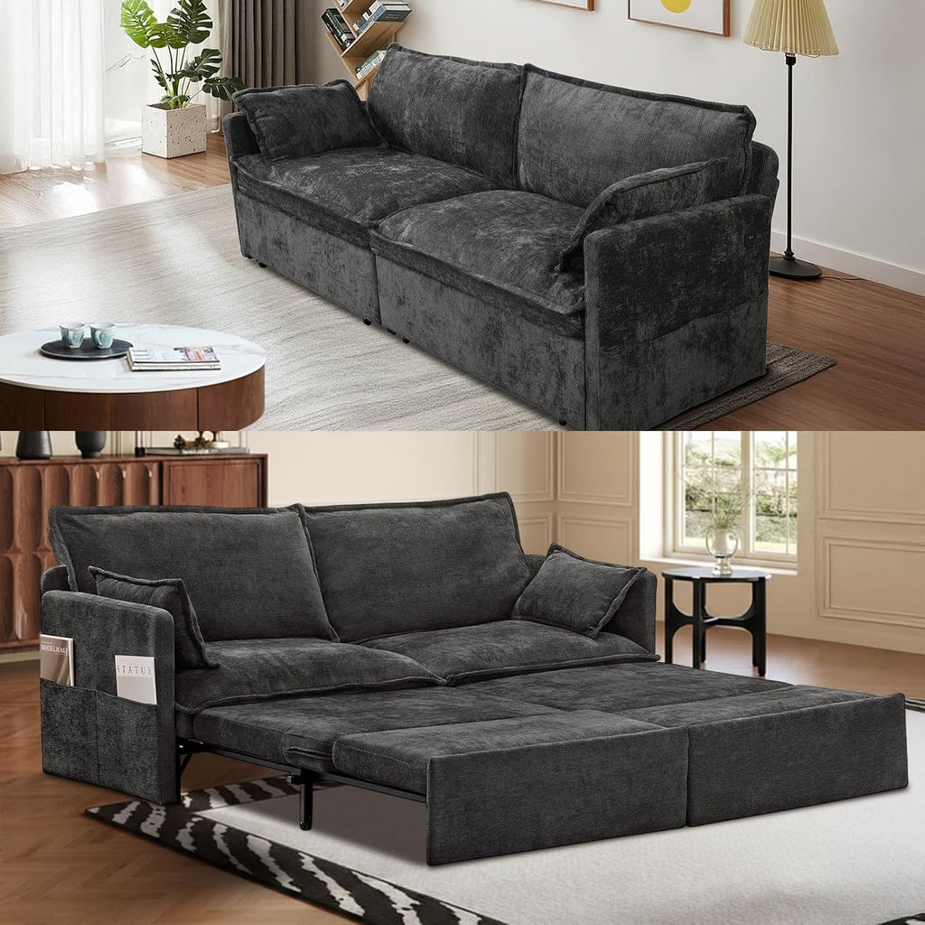 CAPCAEK 72' Futon Sofa Bed King Size, 3-in-1 Pull Out Couch Convertible Sleeper Sofa with USB Ports and Side Pocket, Modern Corduroy Loveseat Couch for Living Room,Small Space,Apartment,Bedroom,Black