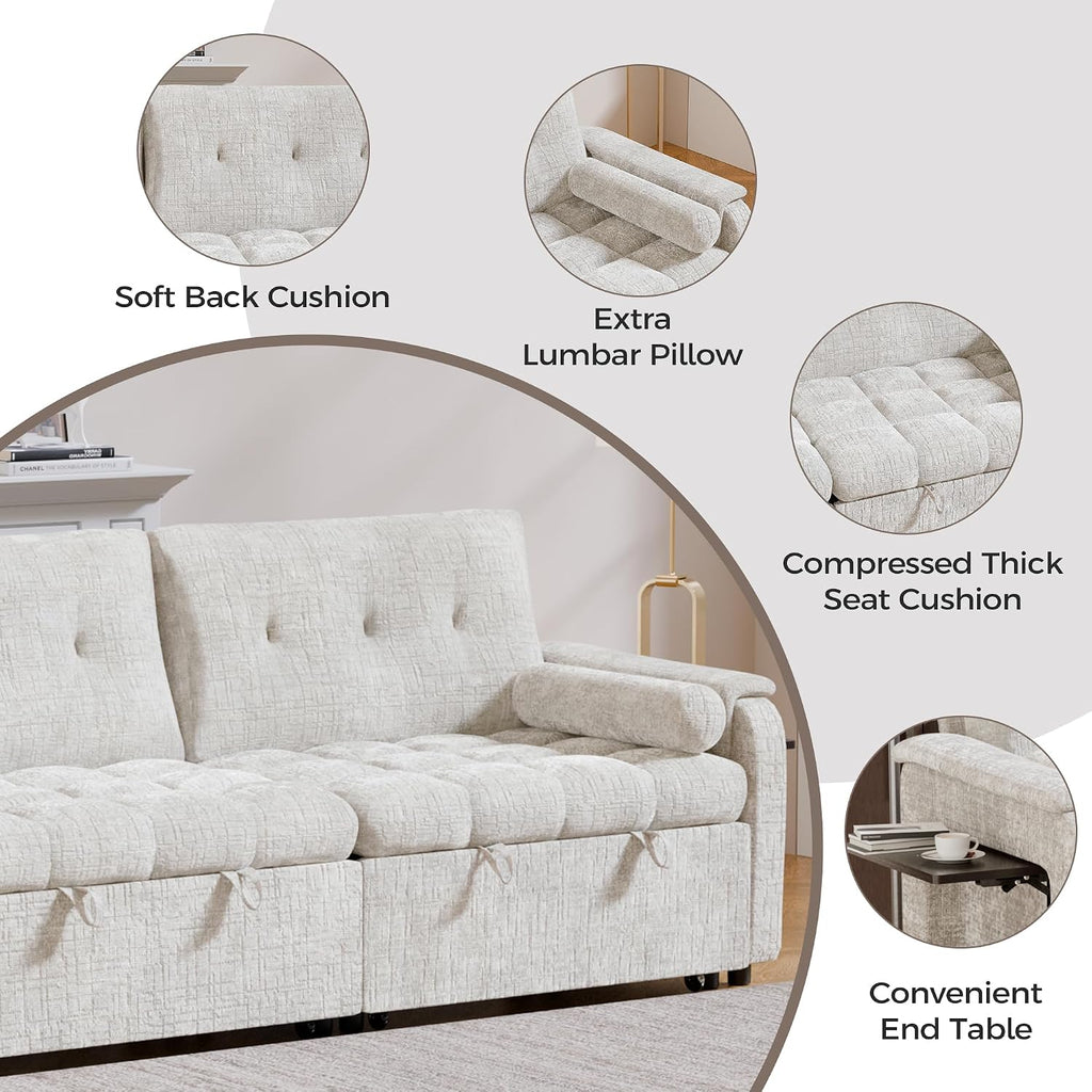 Convertible Sleeper Sofa Bed, 86 Inch Chenille Pull Out Couch with Side Table & Adjustable Backrest, Sectional Sleeper Sofa with Pull Out Bed for Living Room, Apartment, Beige