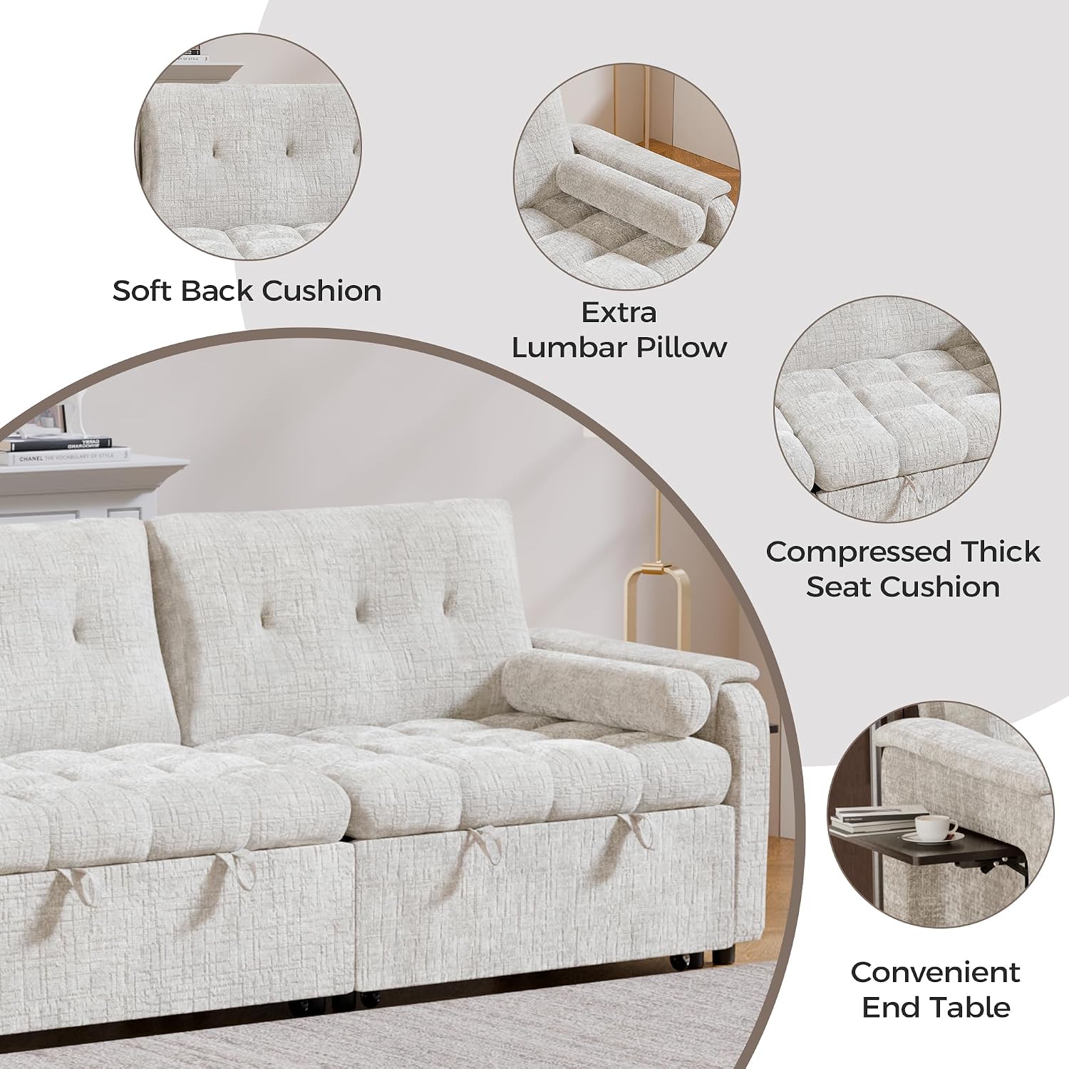 Convertible Sleeper Sofa Bed, 86 Inch Chenille Pull Out Couch with Side Table & Adjustable Backrest, Sectional Sleeper Sofa with Pull Out Bed for Living Room, Apartment, Beige