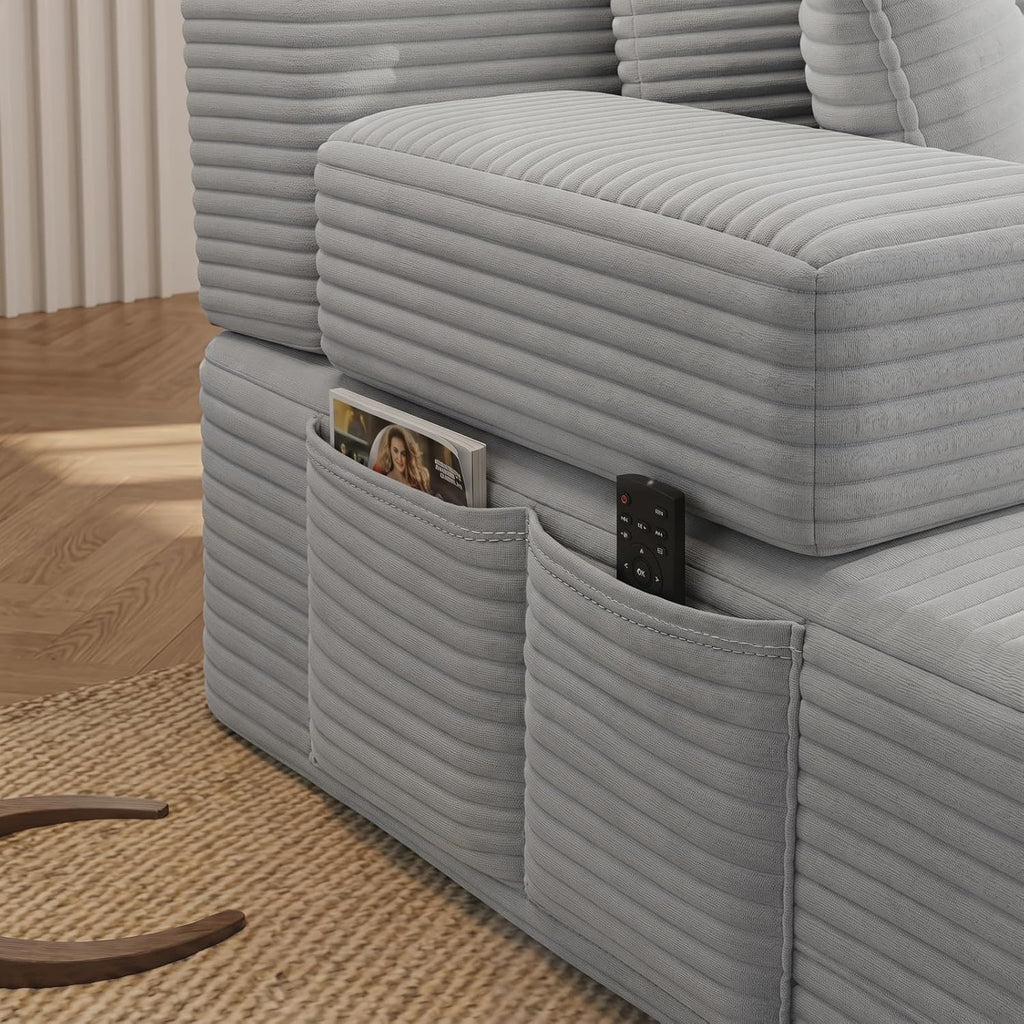 Oversized Boneless Chaise Sofa Bed, Corduroy Chaise Lounge Chair Indoor with Storage Pockets, Upholstered Cloud Sleeper Chair Bed for Small Space, Living Room, Bedroom, Apartment, Light Grey