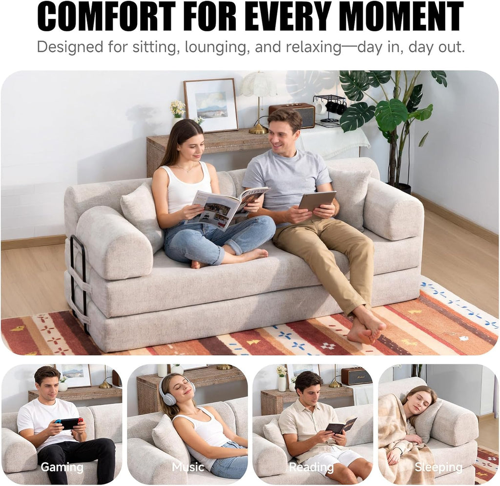 78.8' Memory Foam Boneless Couch, Corduroy Floor Sofa Bed, Convertible Sleeper Futon Loveseat, Wide Armrests & Back Support, Supports Up to 1200 lbs, Couch in a Box with 2 Pillows, Light Camel