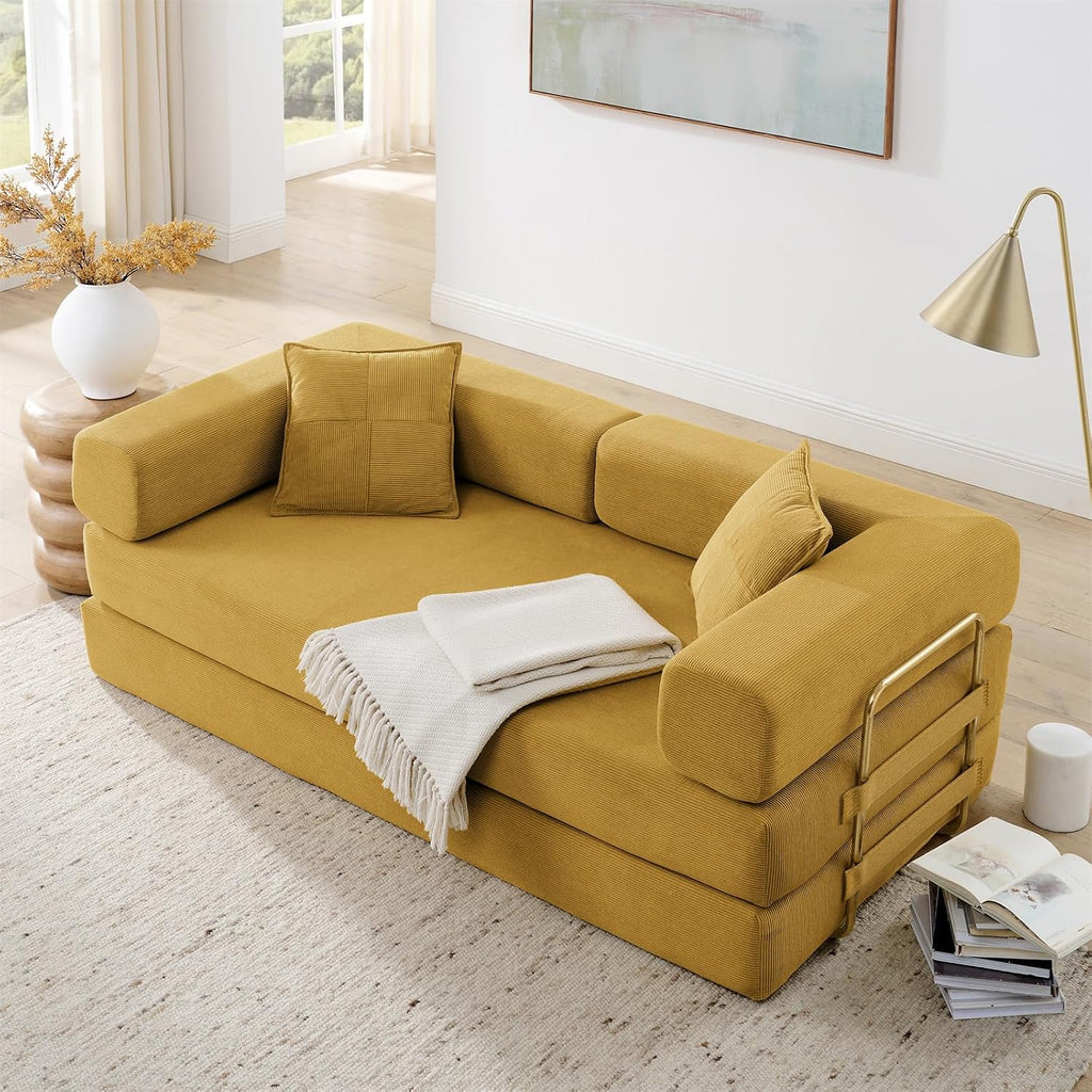 Antetek 78' Convertible Futon Sofa Bed, 3-Seater Modern Corduroy Foam Floor King Size Bed Foldable Sleeper Lounge Loveseat Sofa Couch with 2 Throw Pillows for Living Room Bedroom Guest Room, Yellow