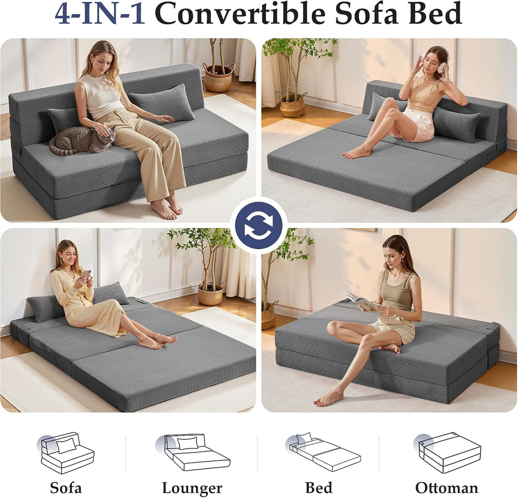 Youzi Folding Sofa Bed Convertible Sleeper Chair with Pillow, 4-in-1 Foldable Mattress Futon Couch Bed to Lounge Chair for Living Room, Bedroom, Dorm & Guest, Washable Cover, Dark Gray, Queen