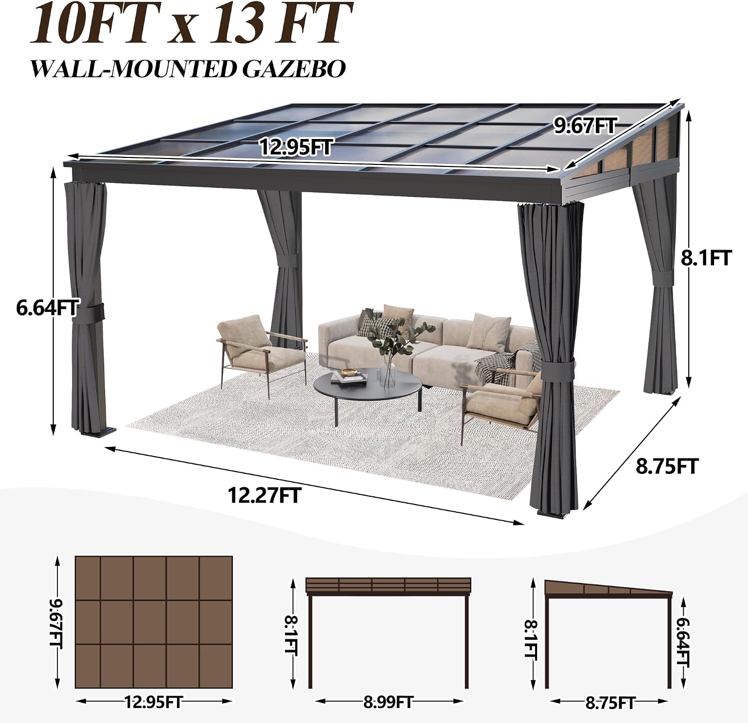 GARTOO 10' x 13' Upgraded Wall-Mounted Gazebo, Aluminum Outdoor Patio Lean to Gazebo Pergola with Roof, Canopy Awnings to House for Garden, Lawn, Backyard Deck and More