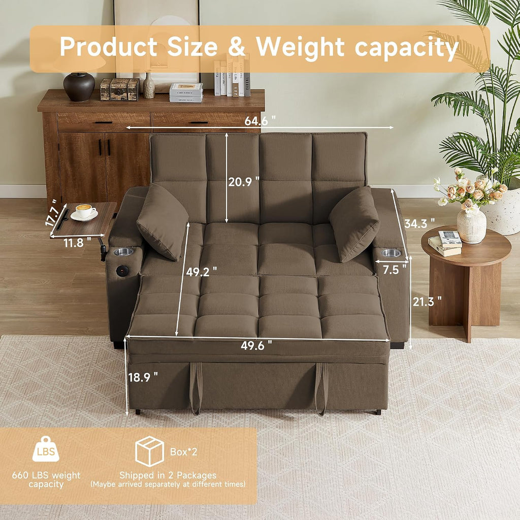 hansones 65'' 3-in-1 Folding Convertible Sofa Bed, Pullout Sofa, Modern Chenille Fabric, 360° Swivel Side Table, Easy Assembly, Perfect for Living Room(ZY-1107A-Brown)