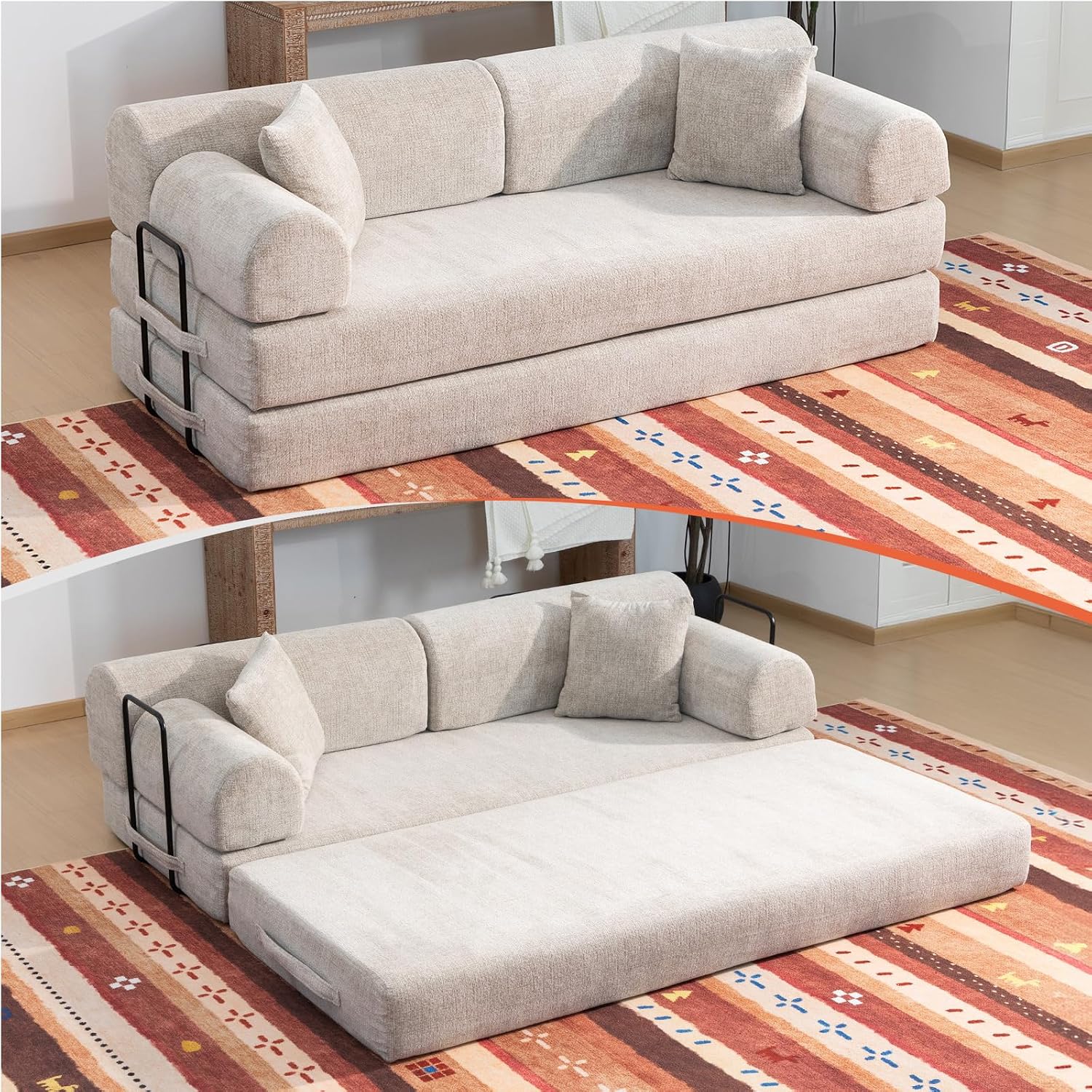 78.8' Memory Foam Boneless Couch, Corduroy Floor Sofa Bed, Convertible Sleeper Futon Loveseat, Wide Armrests & Back Support, Supports Up to 1200 lbs, Couch in a Box with 2 Pillows, Light Camel