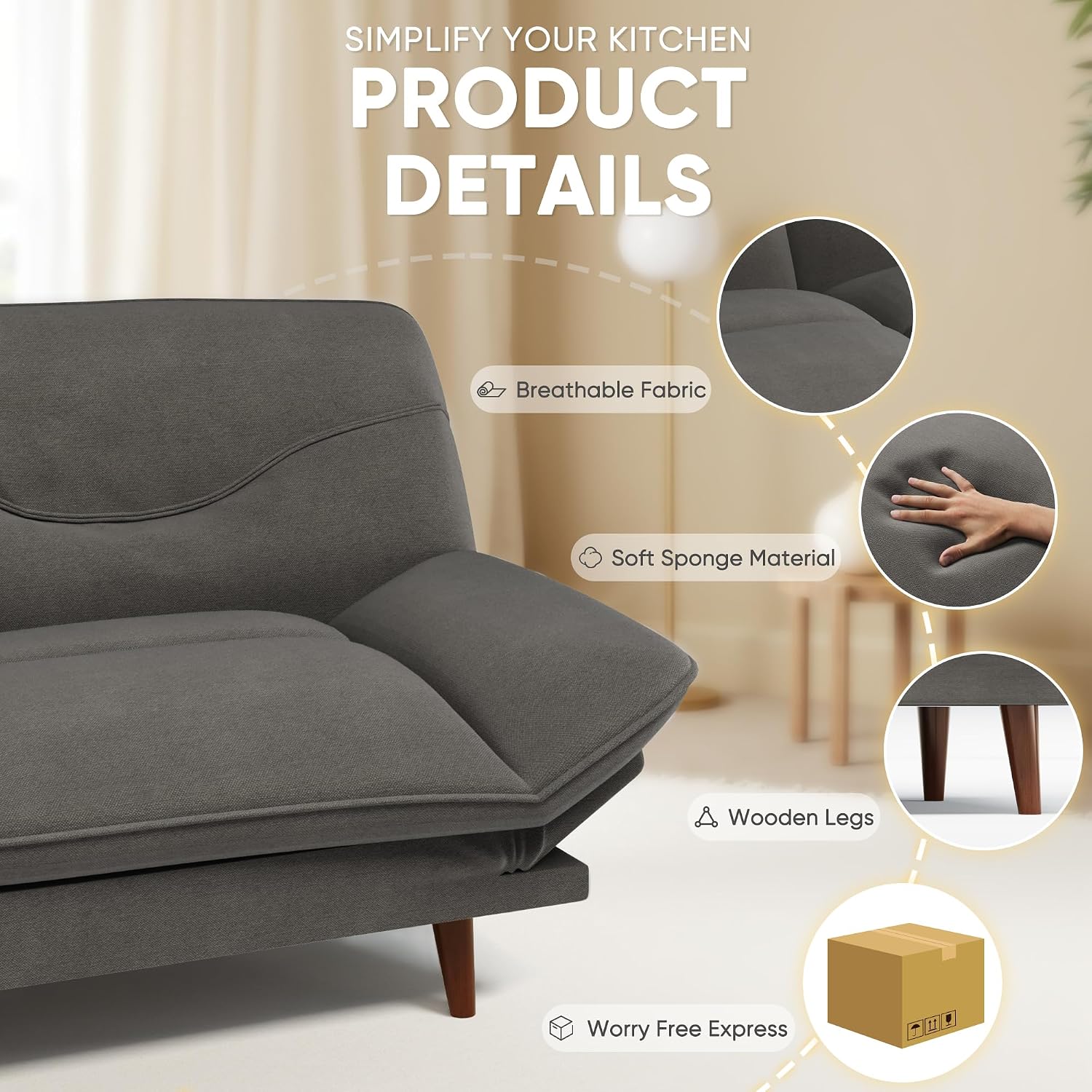 JUMMICO Convertible Futon Sofa Bed, Sleeper Futon Couch with Adjustable Backrest and Armrests, Modern Loveseat with Sturdy Wood Frame for Small Spaces, Apartments (Fabric, Dark Gray)