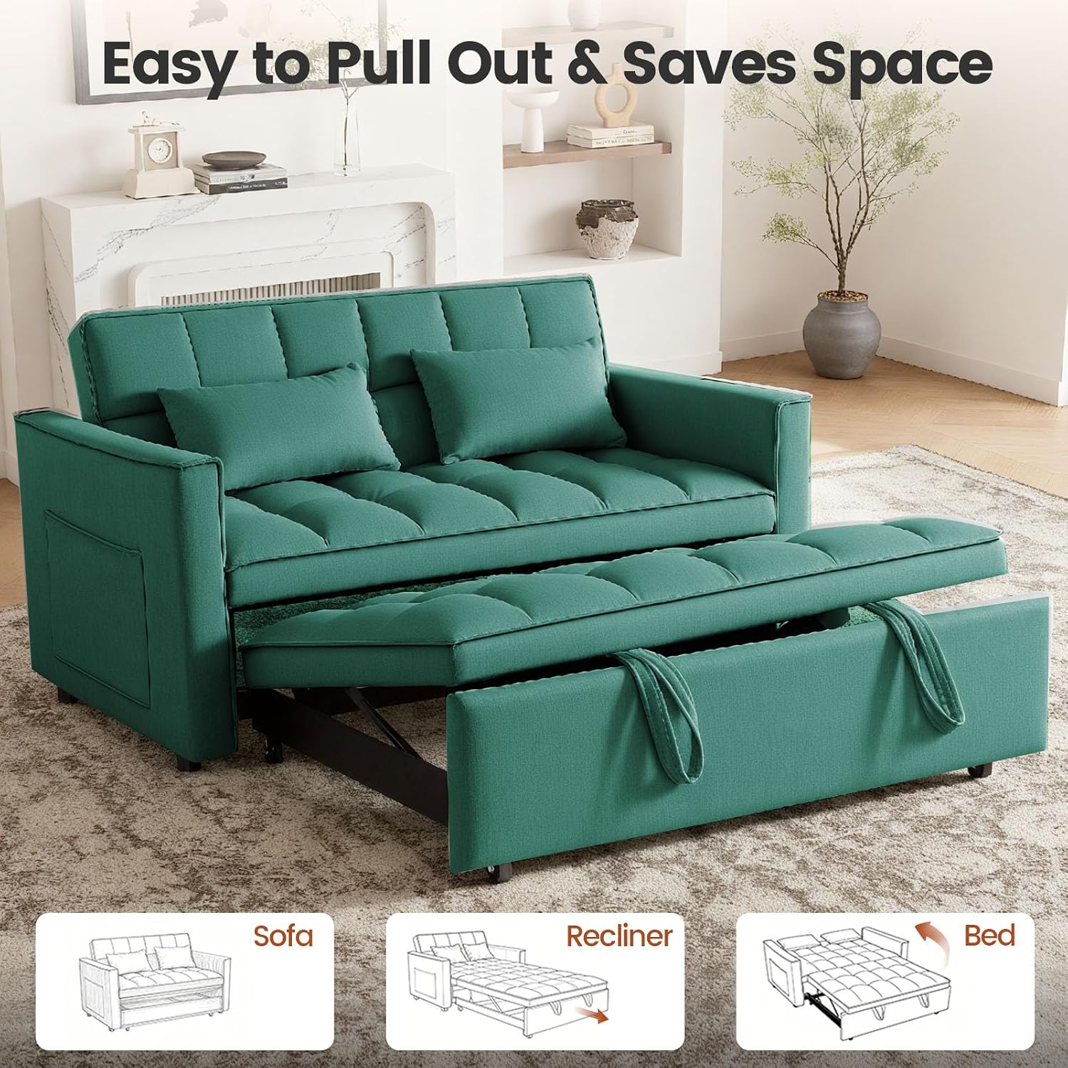 Convertible Sofa Bed, Pull Out Couch with Side Pockets, 3 in 1 Velvet Fabric Loveseat Sleeper Sofa Bed with Adjustable Backrest for Living Room, Bedroom, Apartment, Green