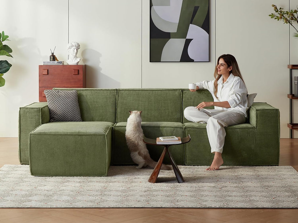 LINSY HOME Modular Sectional Sofa, 105' Boneless Couch L Shaped 3-Seat Sofa with Ottoman, Corduroy Sectional Cloud Couches for Living Room, No Assembly Required, Green