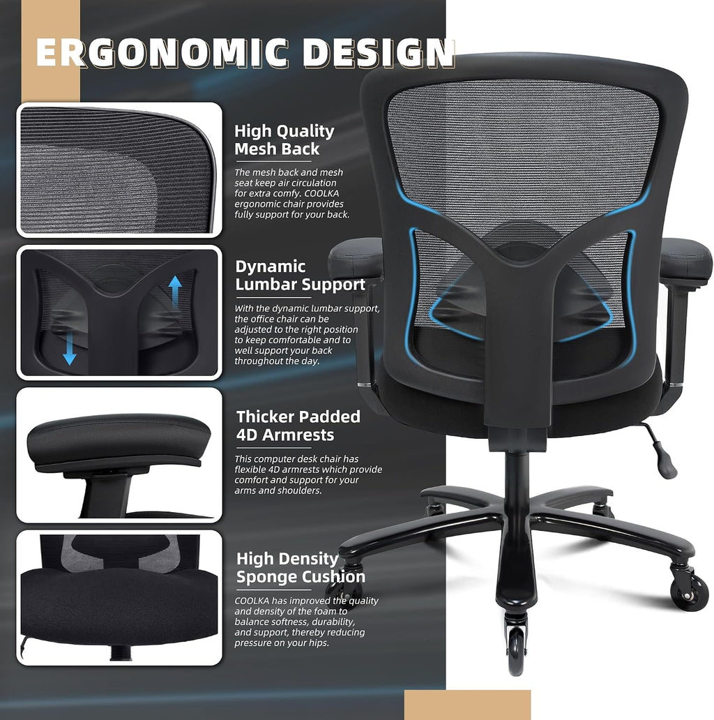 500LBS Big and Tall Office Chair with 4D Armrests & Adjustable Backrest, Heavy Duty Office Chair for Heavy People, Memory Foam Seat Filling Springs, Black