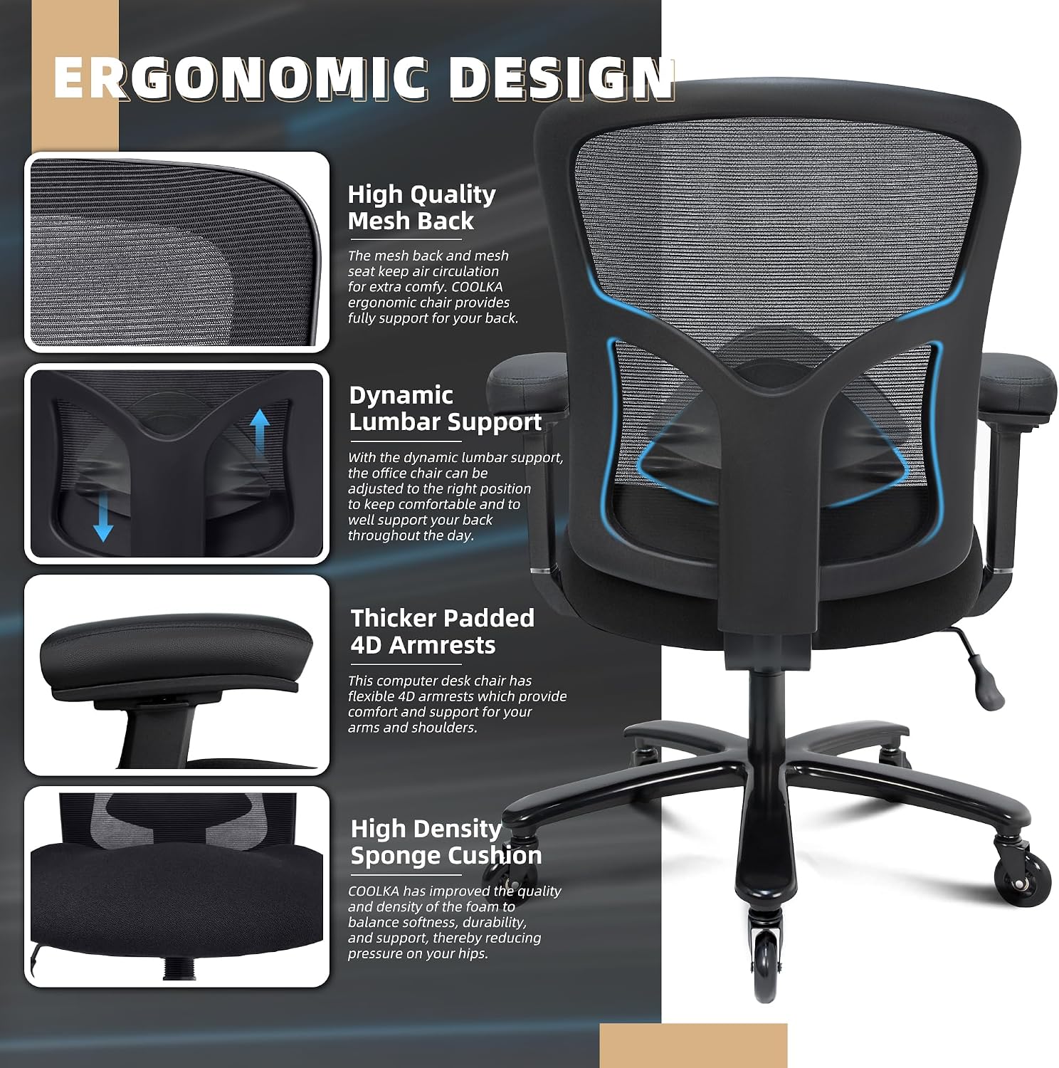 500LBS Big and Tall Office Chair with 4D Armrests & Adjustable Backrest, Heavy Duty Office Chair for Heavy People, Memory Foam Seat Filling Springs, Black