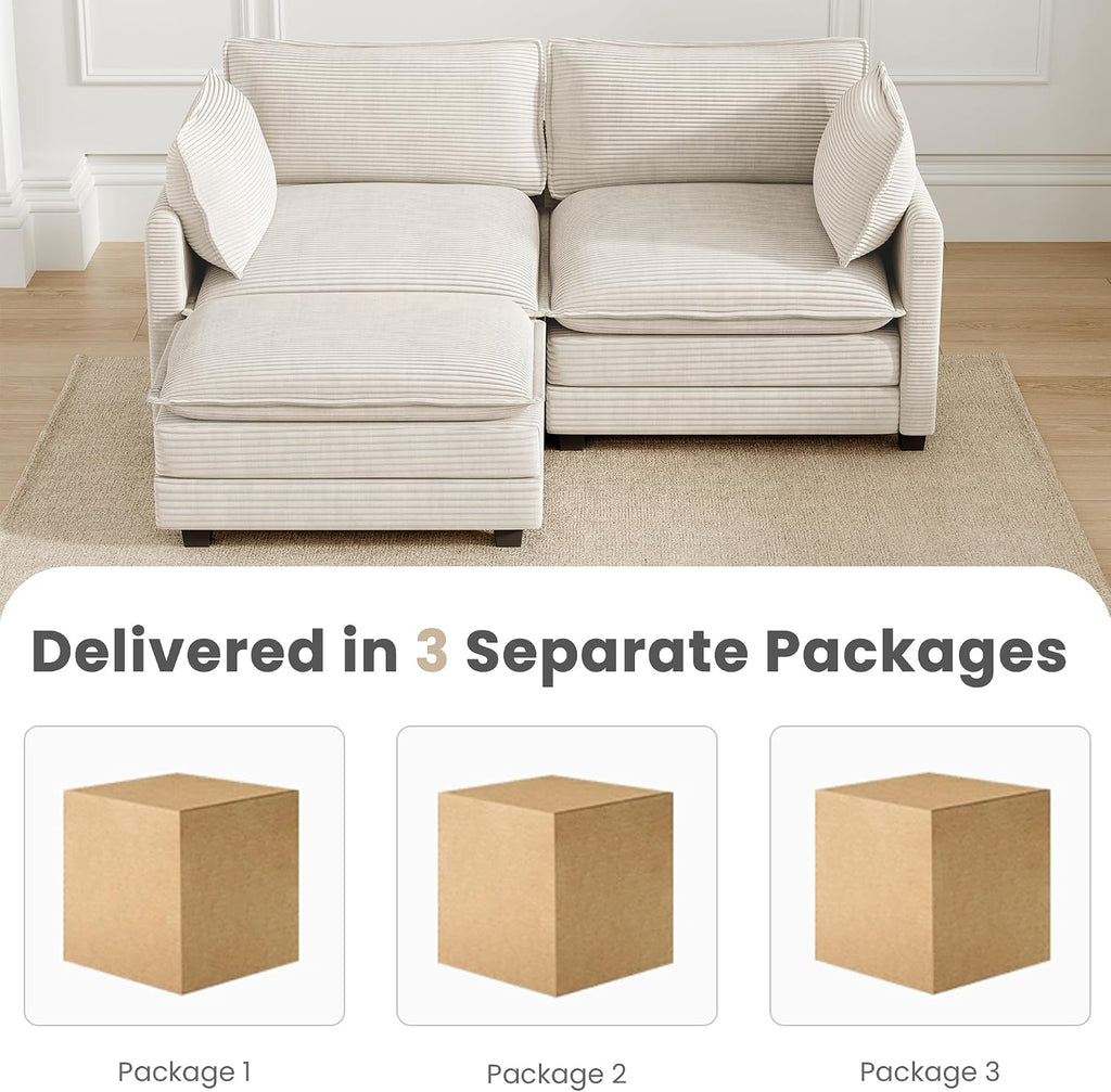 78'' Modular Sectional Cloud Couch with Movable Ottoman, 3 Seat Comfy Modern Corduroy Sofa with 2 Throw Pillows, Deep Seat L Shaped Couch for Living Room Bedroom Apartment, Beige