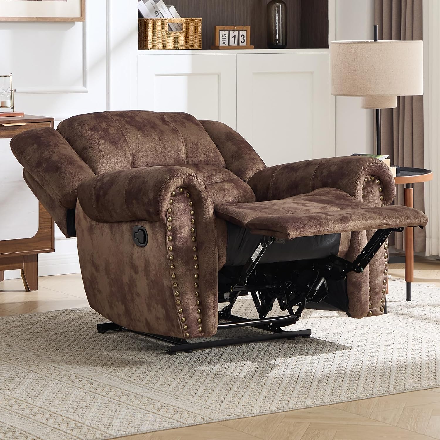 CANMOV Manual Recliner Chair, Classic and Traditional Fabric Recliner Chair with Comfortable Arms and Back Single Sofa for Living Room, Chocolate Brown
