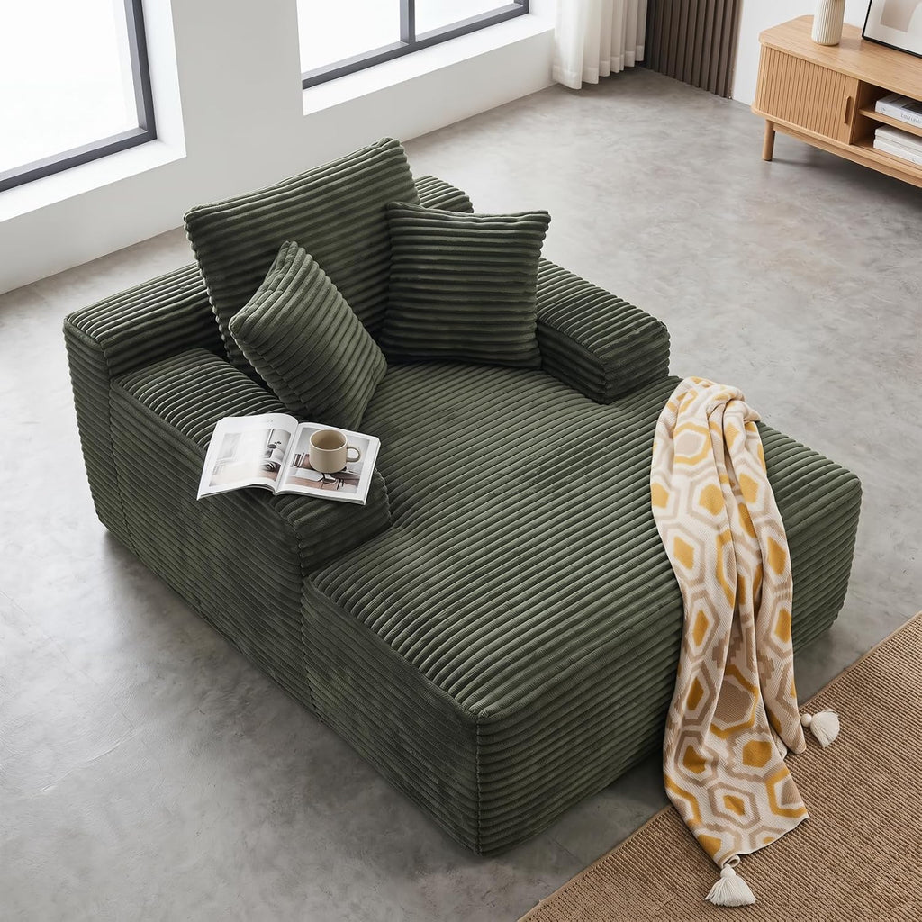Oversized Boneless Chaise Sofa Bed, Corduroy Chaise Lounge Chair Indoor with Storage Pockets, Upholstered Cloud Sleeper Chair Bed for Small Space, Living Room, Bedroom, Apartment,Green