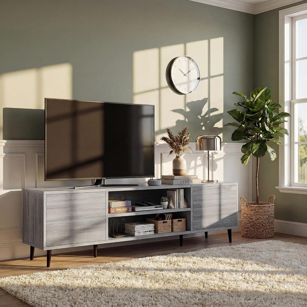 YESHOMY Mid-Century Modern TV Stand for 65-70 Inch TVs, 63 Inch Entertainment Center with Storage, Media Console with Push-to-Open Doors and Cable Management for Living Room, Bedroom(Light Gray)