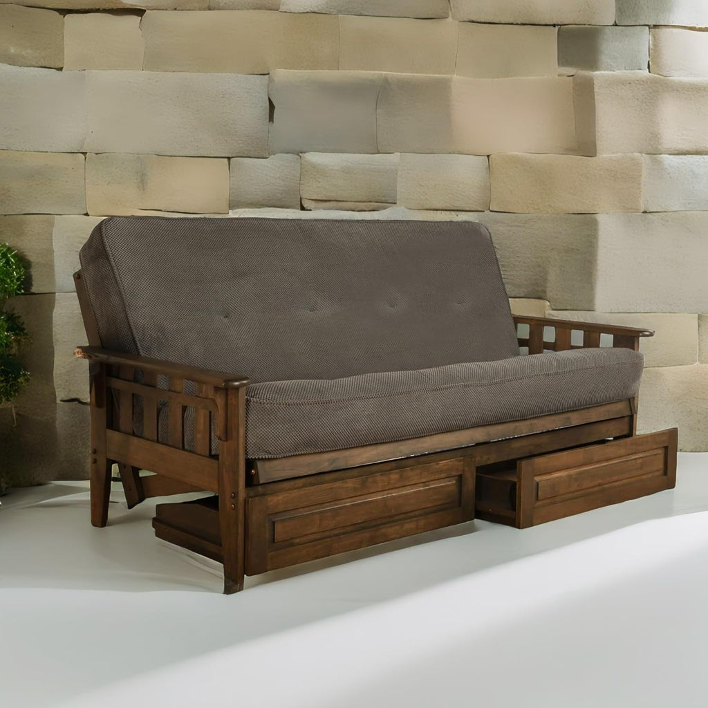 FutonX Rustic Walnut Frame and Mattress Set with Choice to add Drawers, 8 Inch Innerspring Futon Sofa Bed Full Size Wood (Marmont Thunder, Frame and Drawers)