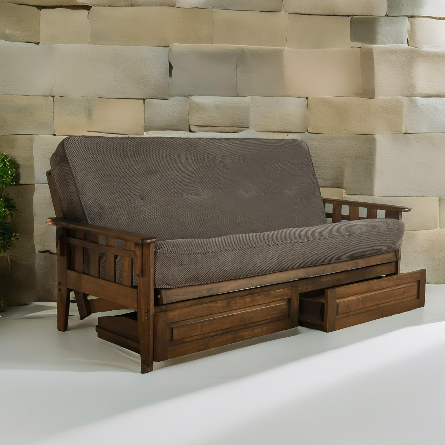 FutonX Rustic Walnut Frame and Mattress Set with Choice to add Drawers, 8 Inch Innerspring Futon Sofa Bed Full Size Wood (Marmont Thunder, Frame and Drawers)