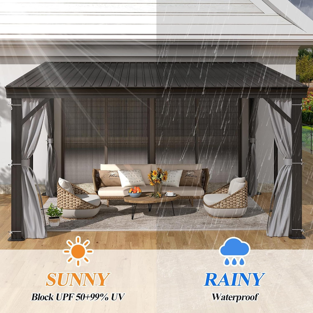 GARTOO 10' x 12' Lean-to Hardtop Gazebo for Patio - Outdoor Wall-Mounted Canopy Awnings，Aluminum Frame Gazebos Pergola with Sloping Metal Roof for Lawn, Patio, Garden, Backyard Deck