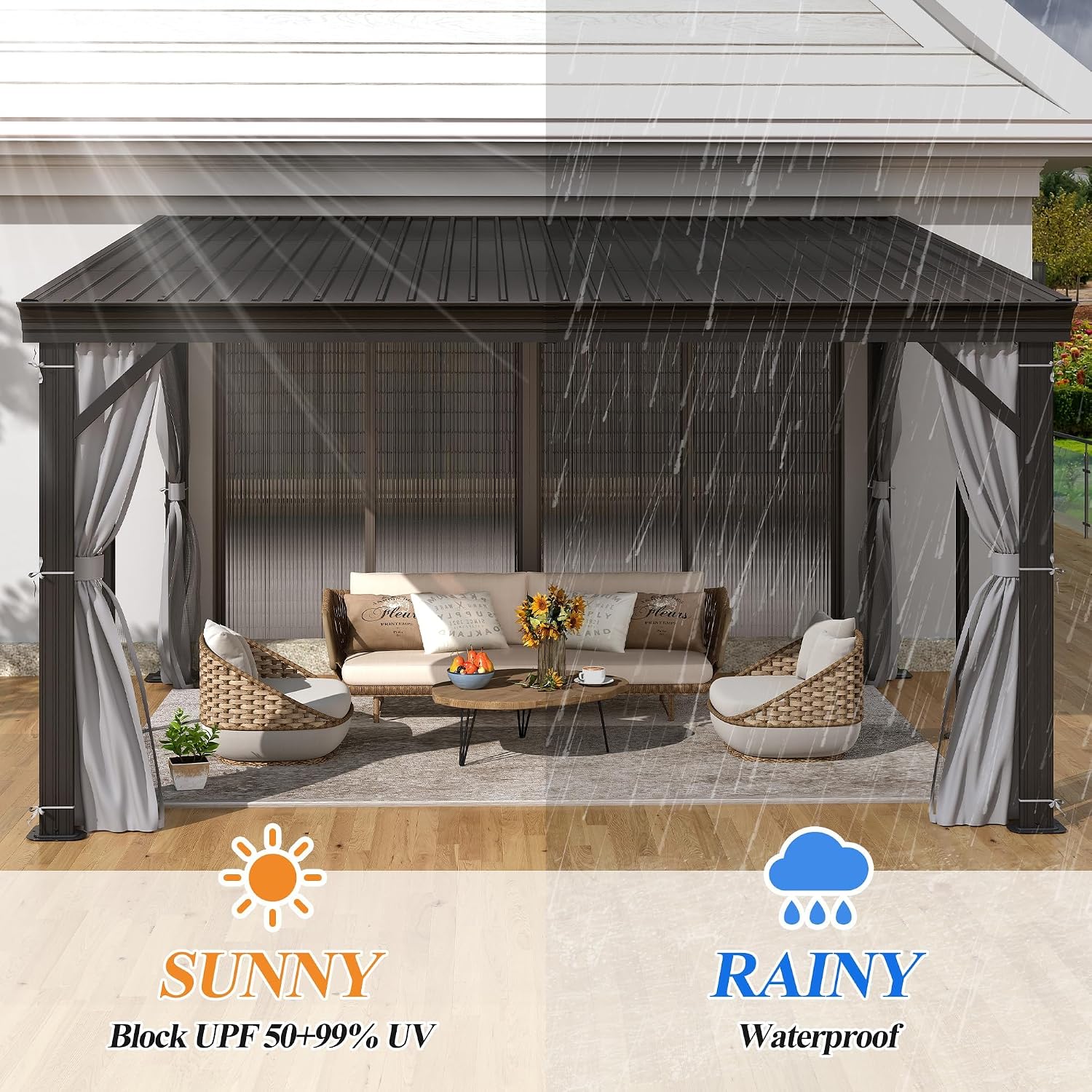 GARTOO 10' x 12' Lean-to Hardtop Gazebo for Patio - Outdoor Wall-Mounted Canopy Awnings，Aluminum Frame Gazebos Pergola with Sloping Metal Roof for Lawn, Patio, Garden, Backyard Deck