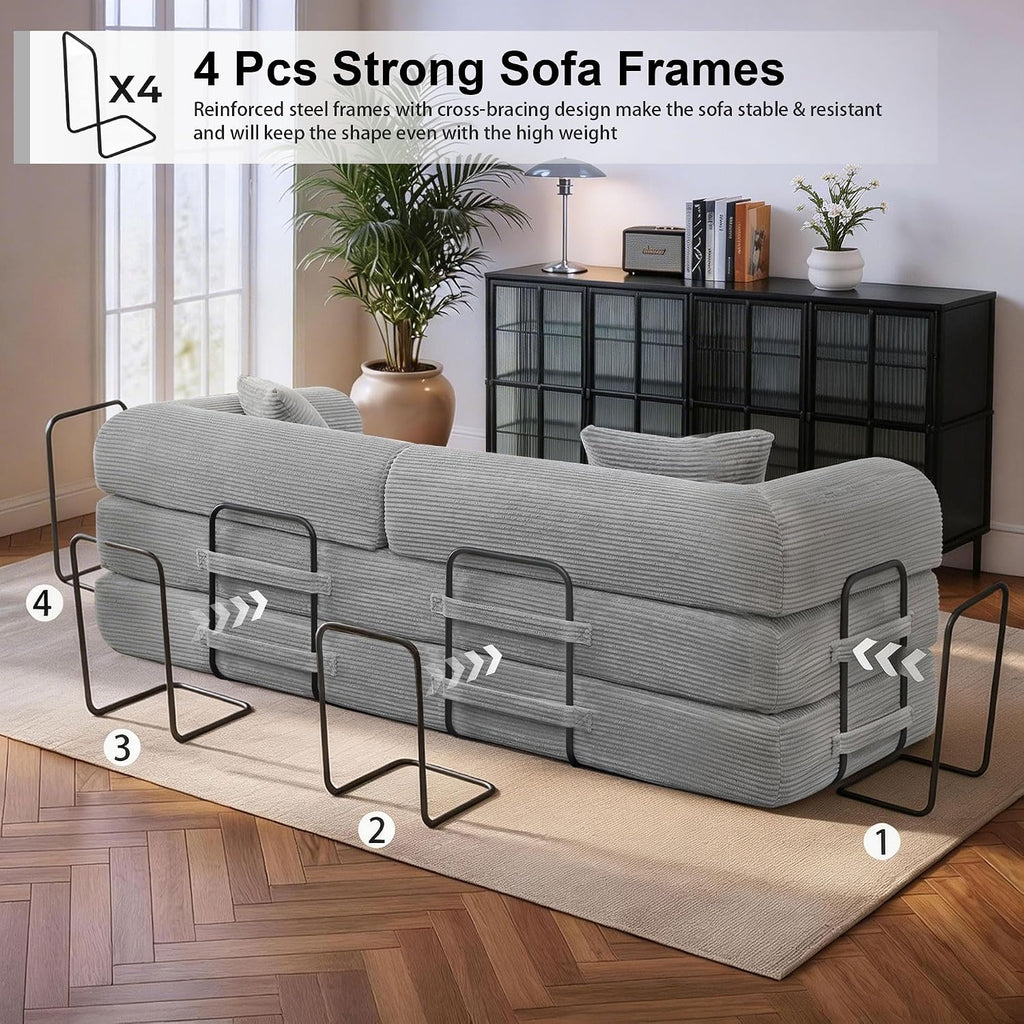JJJ 89 inch Sofa Bed 4-in-1 Boneless Convertible Corduroy Sleeper Folding Couch with Fixed-Shape Frame and 2 Futons No Assemble Required 3 Seater Upholstered for Living Room (Light Grey, 89 inch)