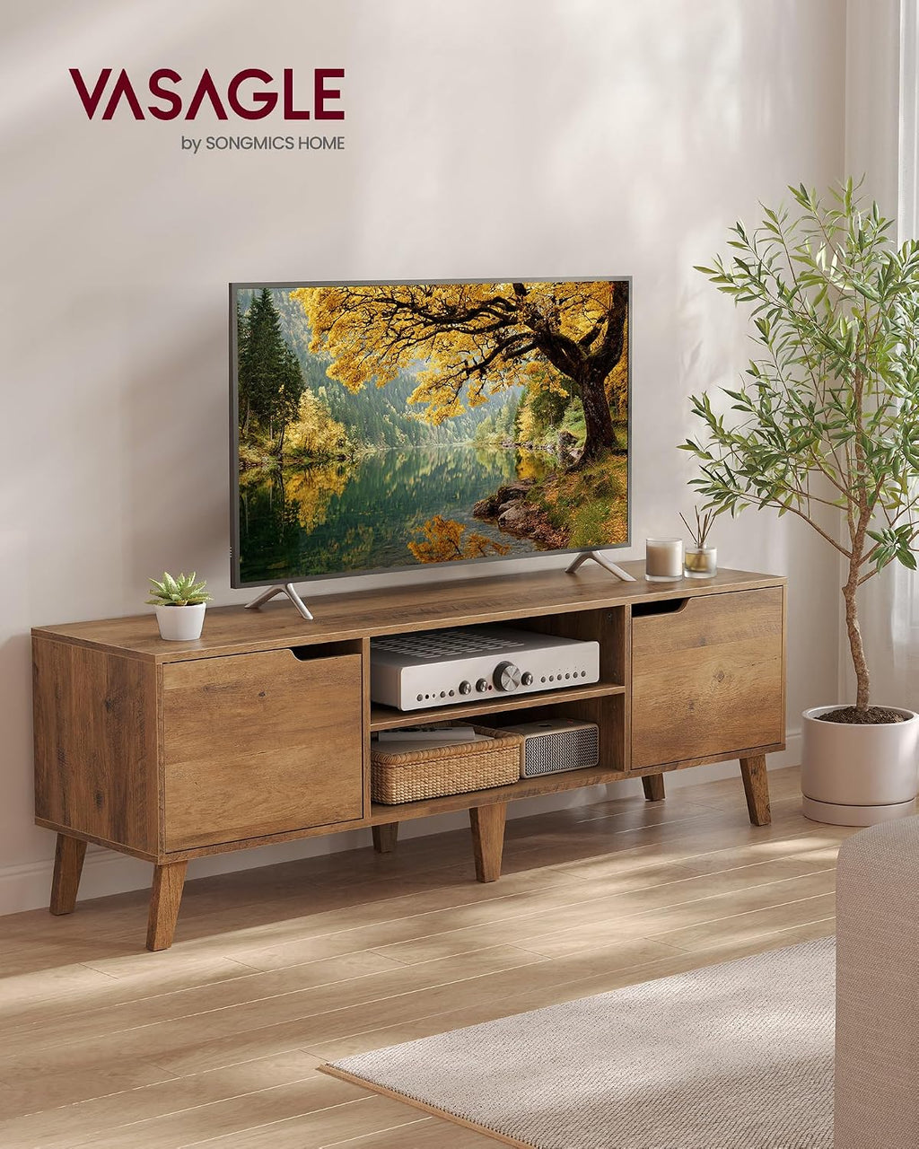 VASAGLE TV Stand for 65-Inch TVs, Entertainment Center with Adjustable Shelf, 58-Inch Long Media Console Table, Transitional Style, for Living Room, Bedroom, Honey Brown ULTV556K01
