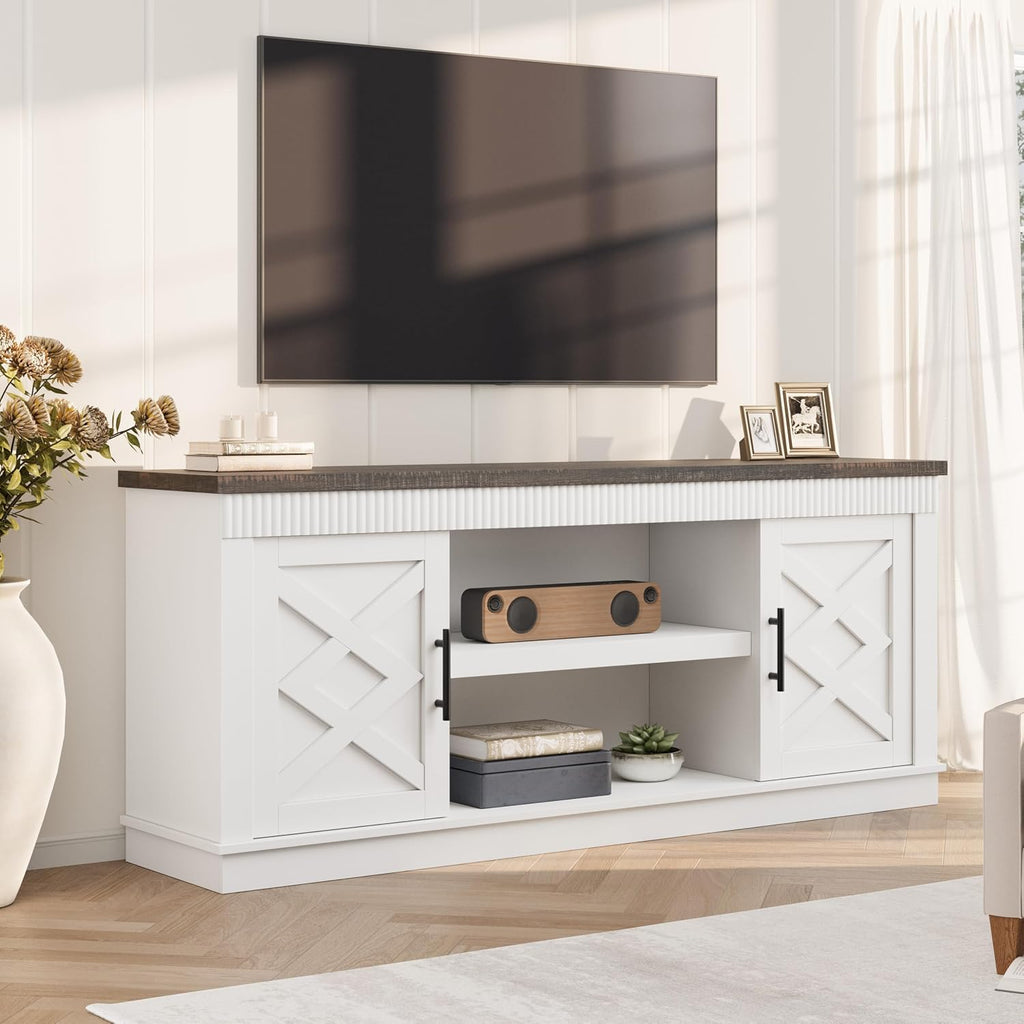 GarveeHome Farmhouse TV Stand for 70/75 in TVs, 65 in Long Entertainment Center w/ 2 Door &Open Storage Shelf, Rustic Fluted Television Consoles Stands for Living Room, Bedroom