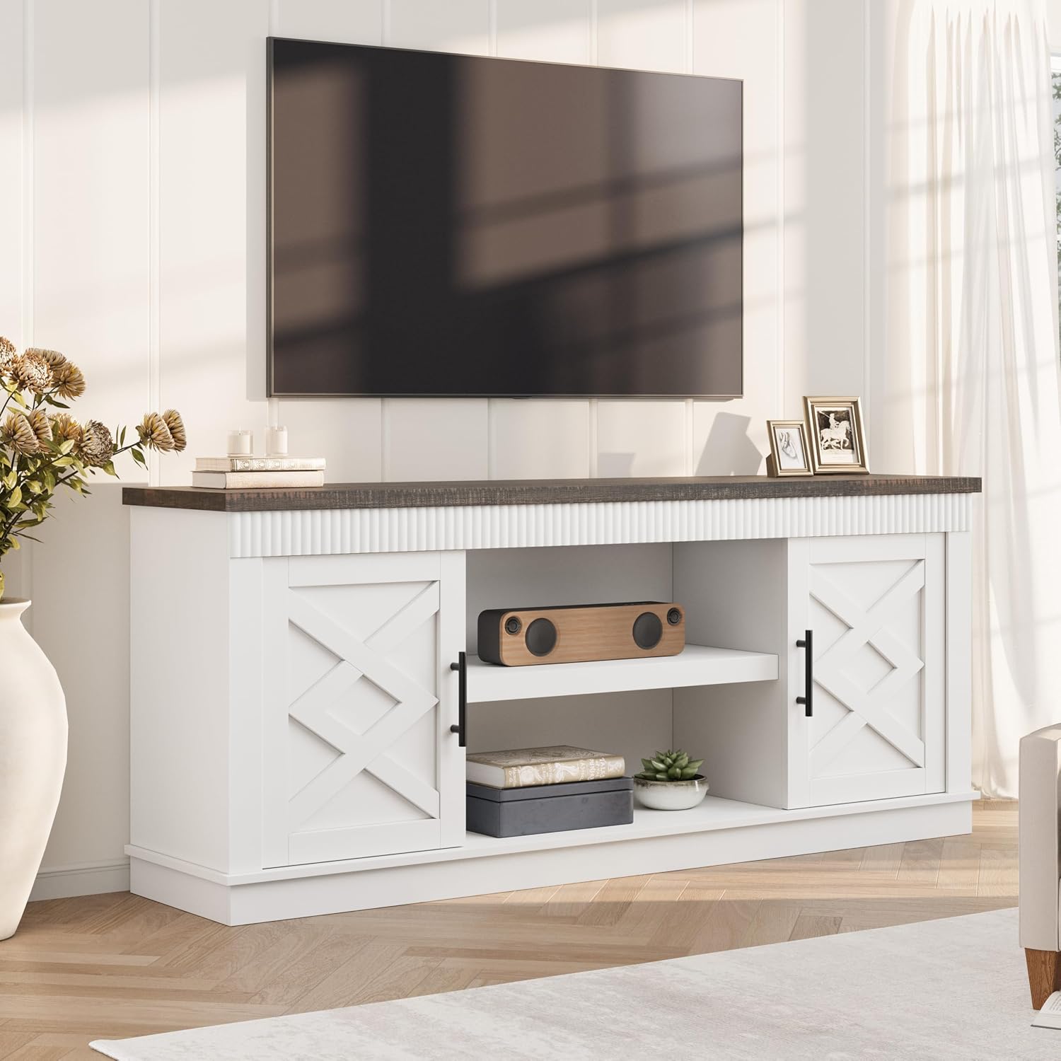GarveeHome Farmhouse TV Stand for 70/75 in TVs, 65 in Long Entertainment Center w/ 2 Door &Open Storage Shelf, Rustic Fluted Television Consoles Stands for Living Room, Bedroom